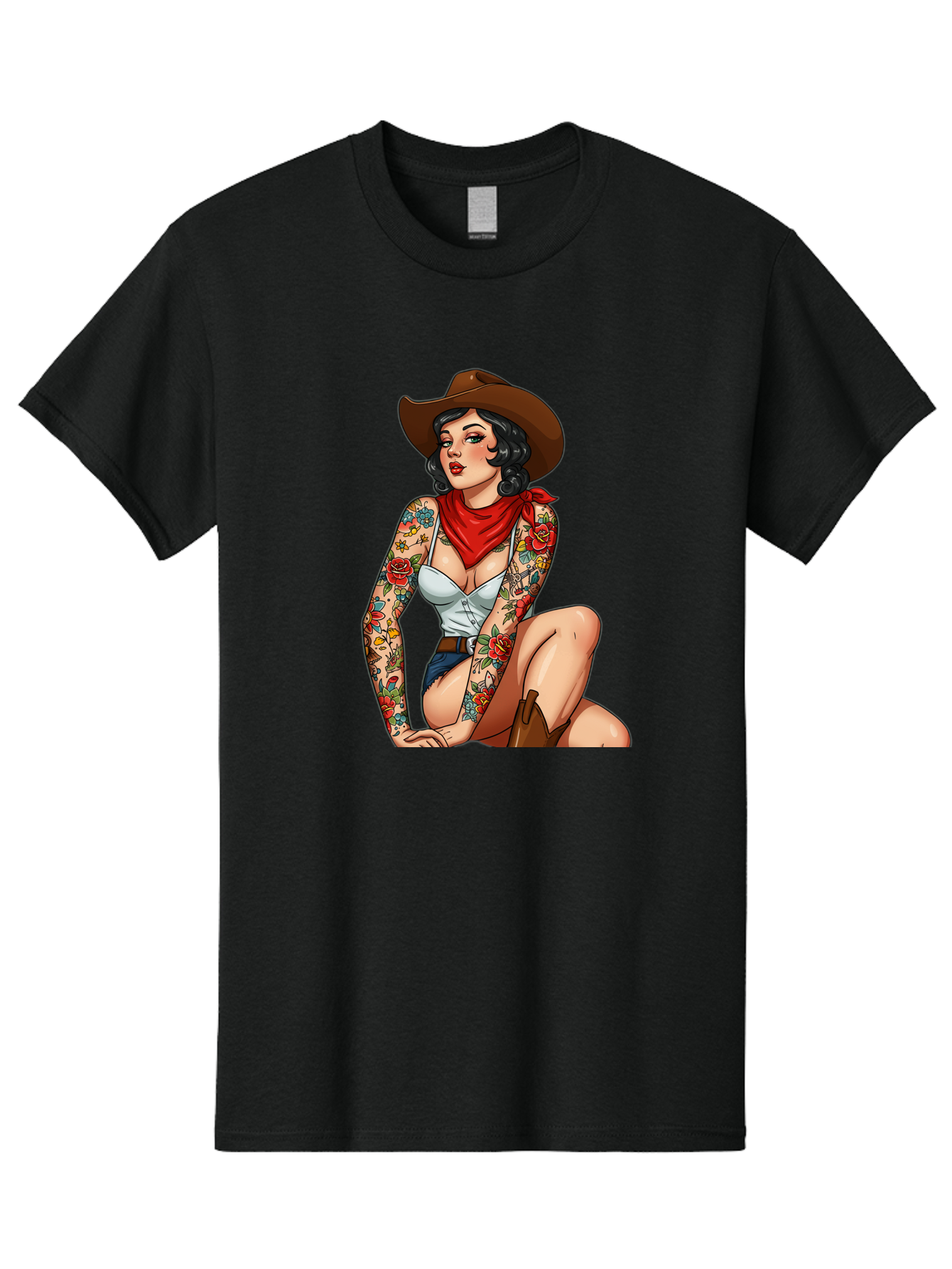 Pin-Up-Cowgirl Men'S Graphic Tee, 100% Cotton, Comfortable Casual Summer Wear, Machine Washable, Pin-Up Girl, Cowgirl Style, Tattooed Woman, Western Fashion, Retro Aesthetic, Sexy Cowboy Boots, Floral Tattoos, Classic Pinup Art, Bold And Sassy Bad415