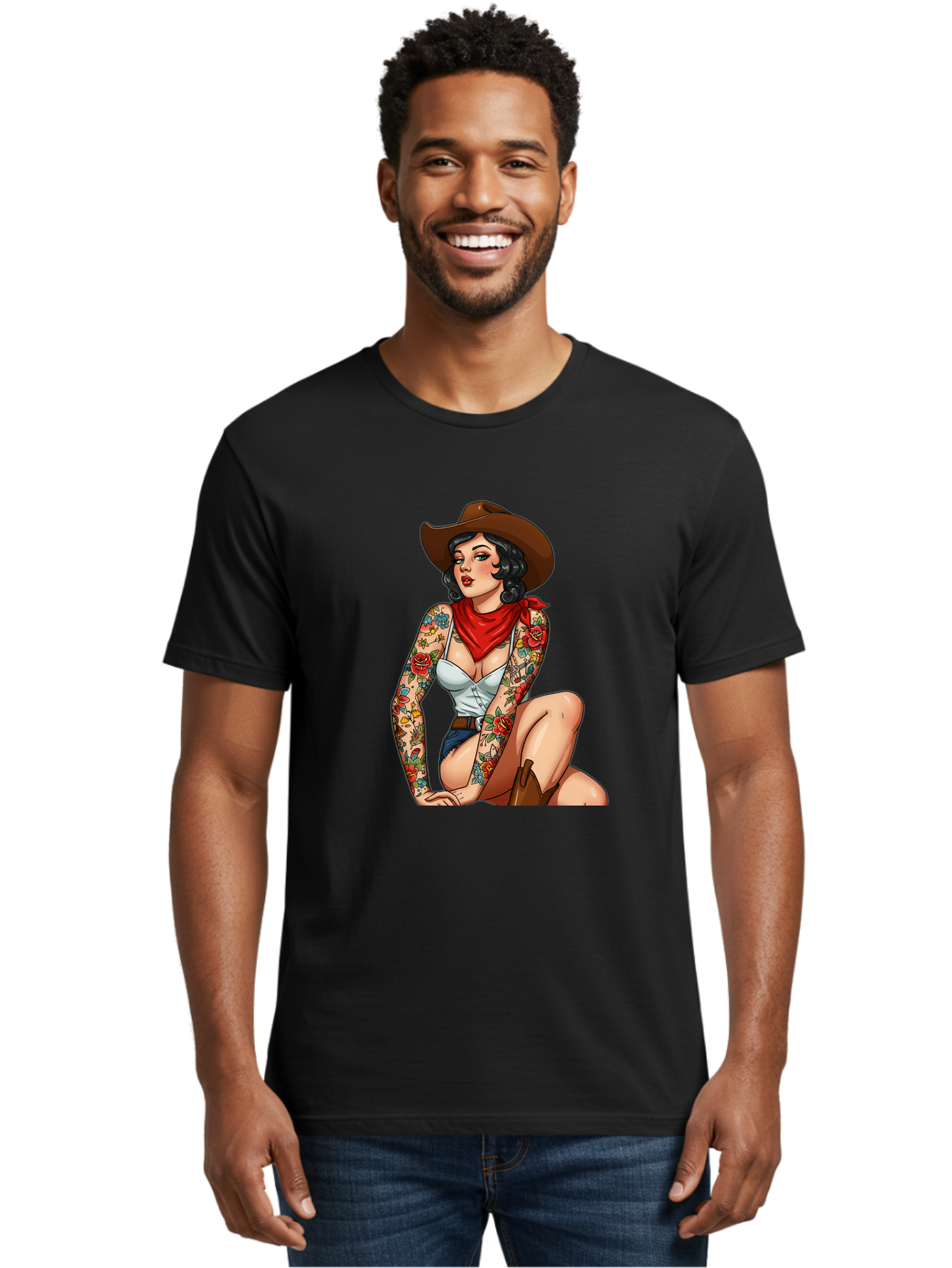 Pin-Up-Cowgirl Men'S Graphic Tee, 100% Cotton, Comfortable Casual Summer Wear, Machine Washable, Pin-Up Girl, Cowgirl Style, Tattooed Woman, Western Fashion, Retro Aesthetic, Sexy Cowboy Boots, Floral Tattoos, Classic Pinup Art, Bold And Sassy Bad415