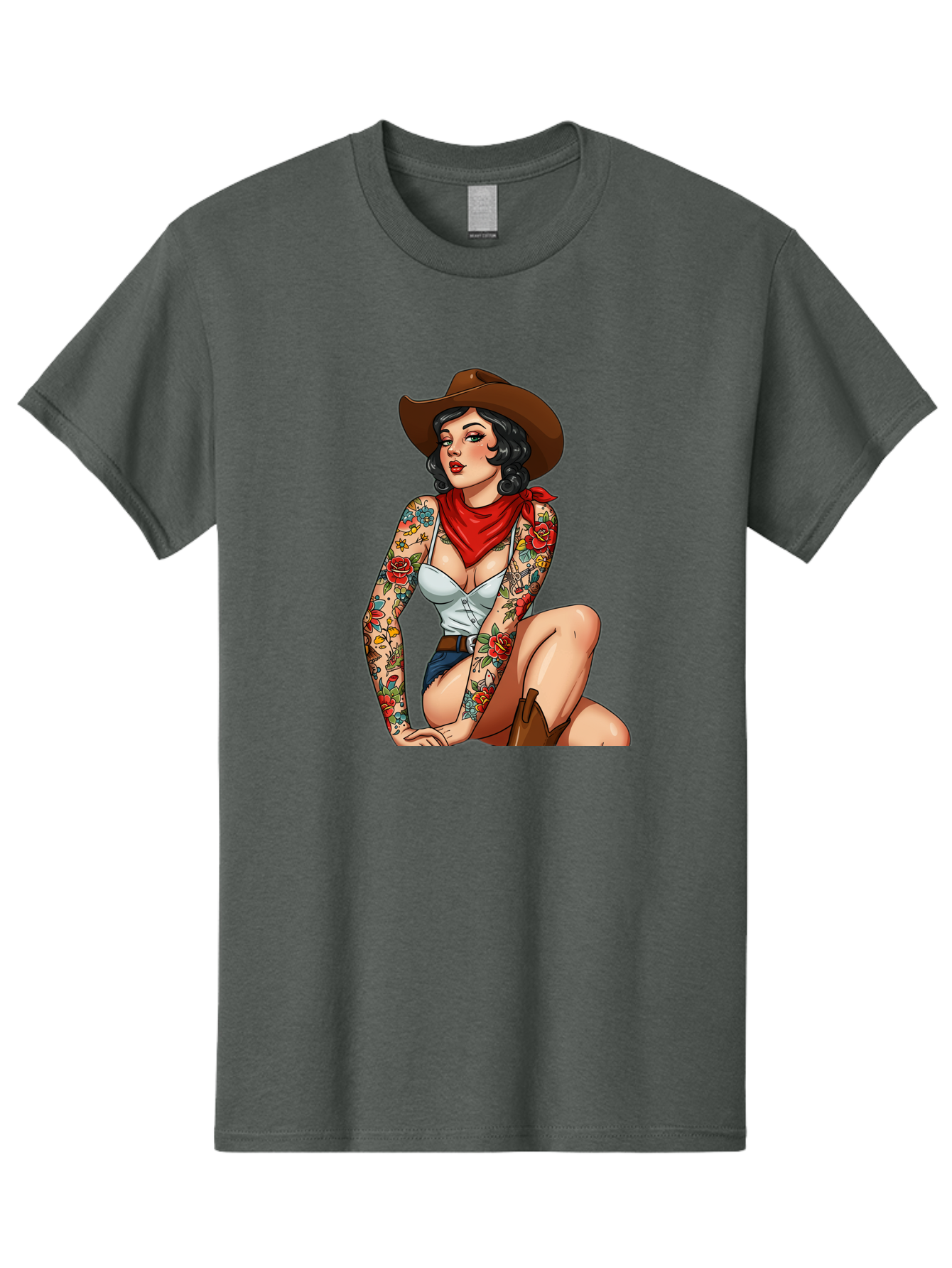 Pin-Up-Cowgirl Men'S Graphic Tee, 100% Cotton, Comfortable Casual Summer Wear, Machine Washable, Pin-Up Girl, Cowgirl Style, Tattooed Woman, Western Fashion, Retro Aesthetic, Sexy Cowboy Boots, Floral Tattoos, Classic Pinup Art, Bold And Sassy Bad415