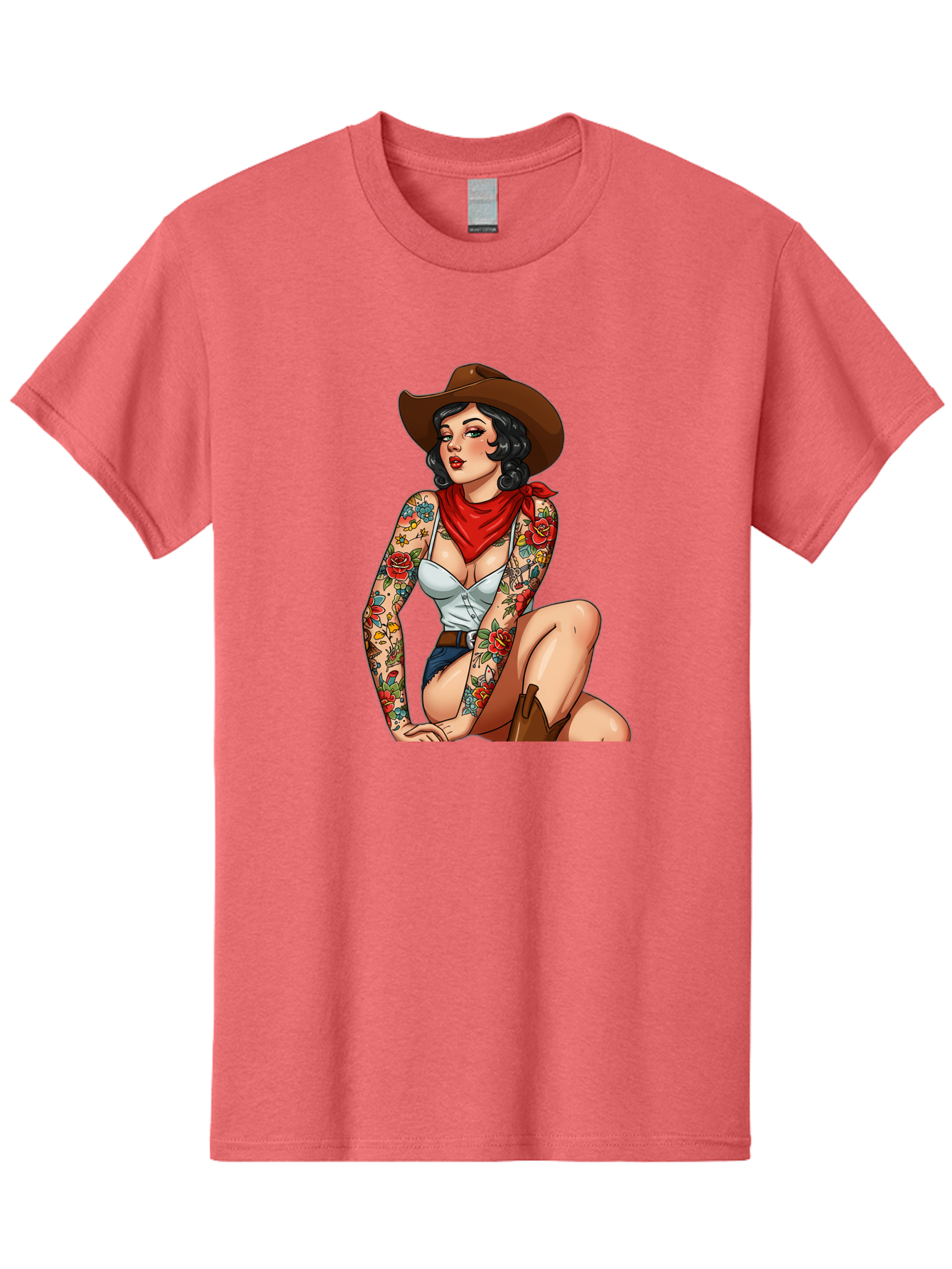 Pin-Up-Cowgirl Men'S Graphic Tee, 100% Cotton, Comfortable Casual Summer Wear, Machine Washable, Pin-Up Girl, Cowgirl Style, Tattooed Woman, Western Fashion, Retro Aesthetic, Sexy Cowboy Boots, Floral Tattoos, Classic Pinup Art, Bold And Sassy Bad415