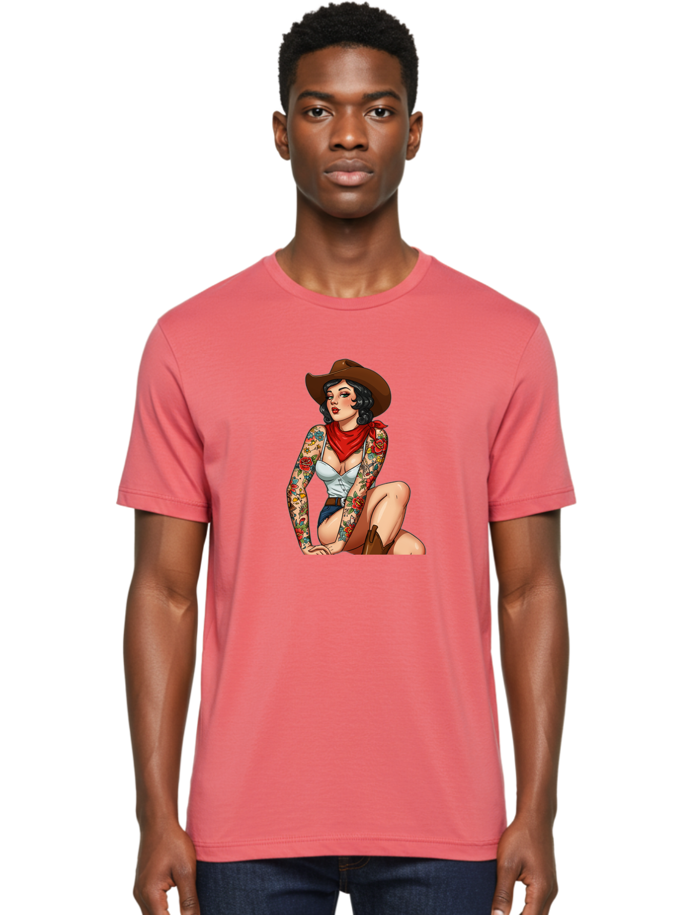 Pin-Up-Cowgirl Men'S Graphic Tee, 100% Cotton, Comfortable Casual Summer Wear, Machine Washable, Pin-Up Girl, Cowgirl Style, Tattooed Woman, Western Fashion, Retro Aesthetic, Sexy Cowboy Boots, Floral Tattoos, Classic Pinup Art, Bold And Sassy Bad415