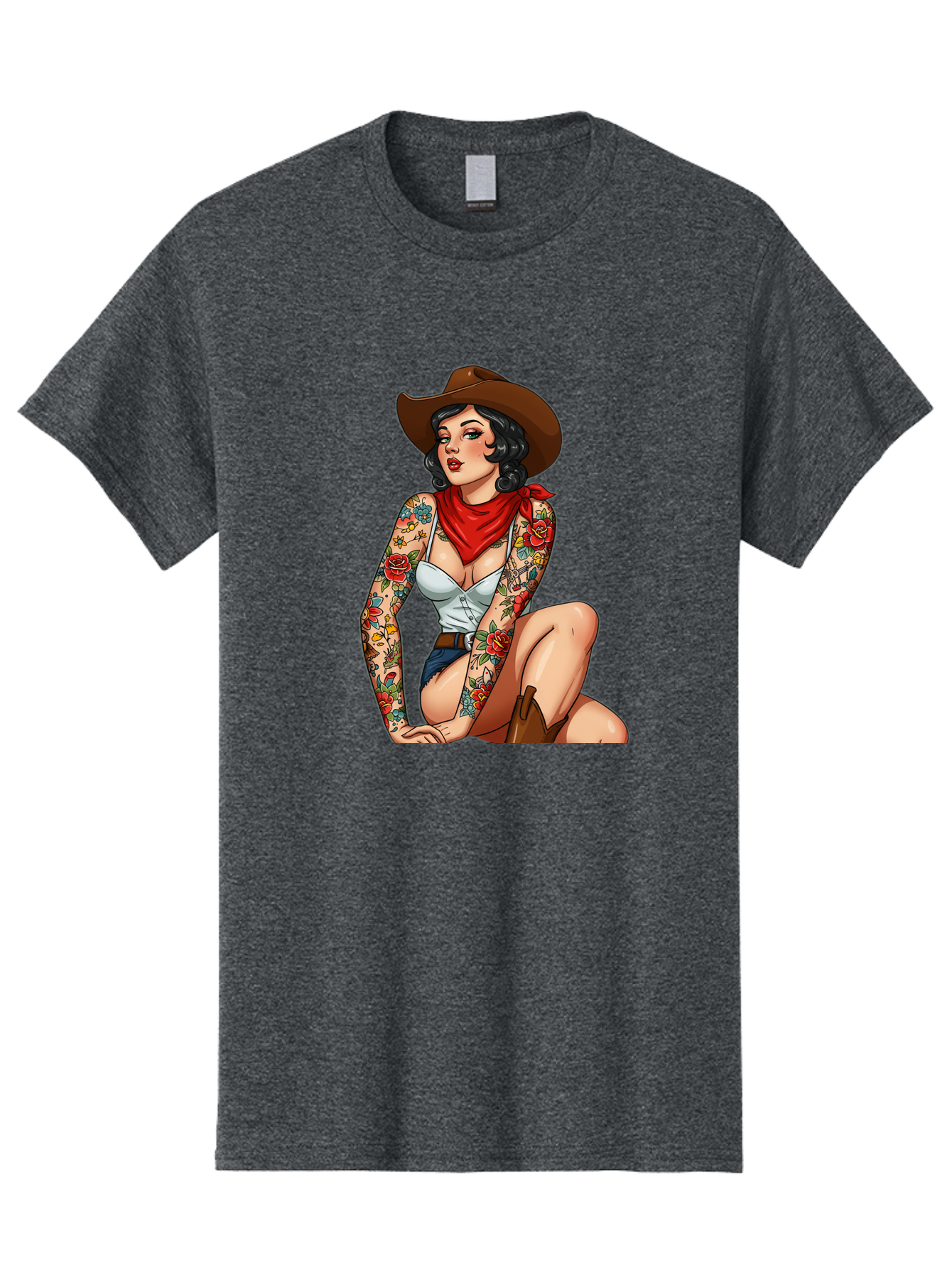 Pin-Up-Cowgirl Men'S Graphic Tee, 100% Cotton, Comfortable Casual Summer Wear, Machine Washable, Pin-Up Girl, Cowgirl Style, Tattooed Woman, Western Fashion, Retro Aesthetic, Sexy Cowboy Boots, Floral Tattoos, Classic Pinup Art, Bold And Sassy Bad415