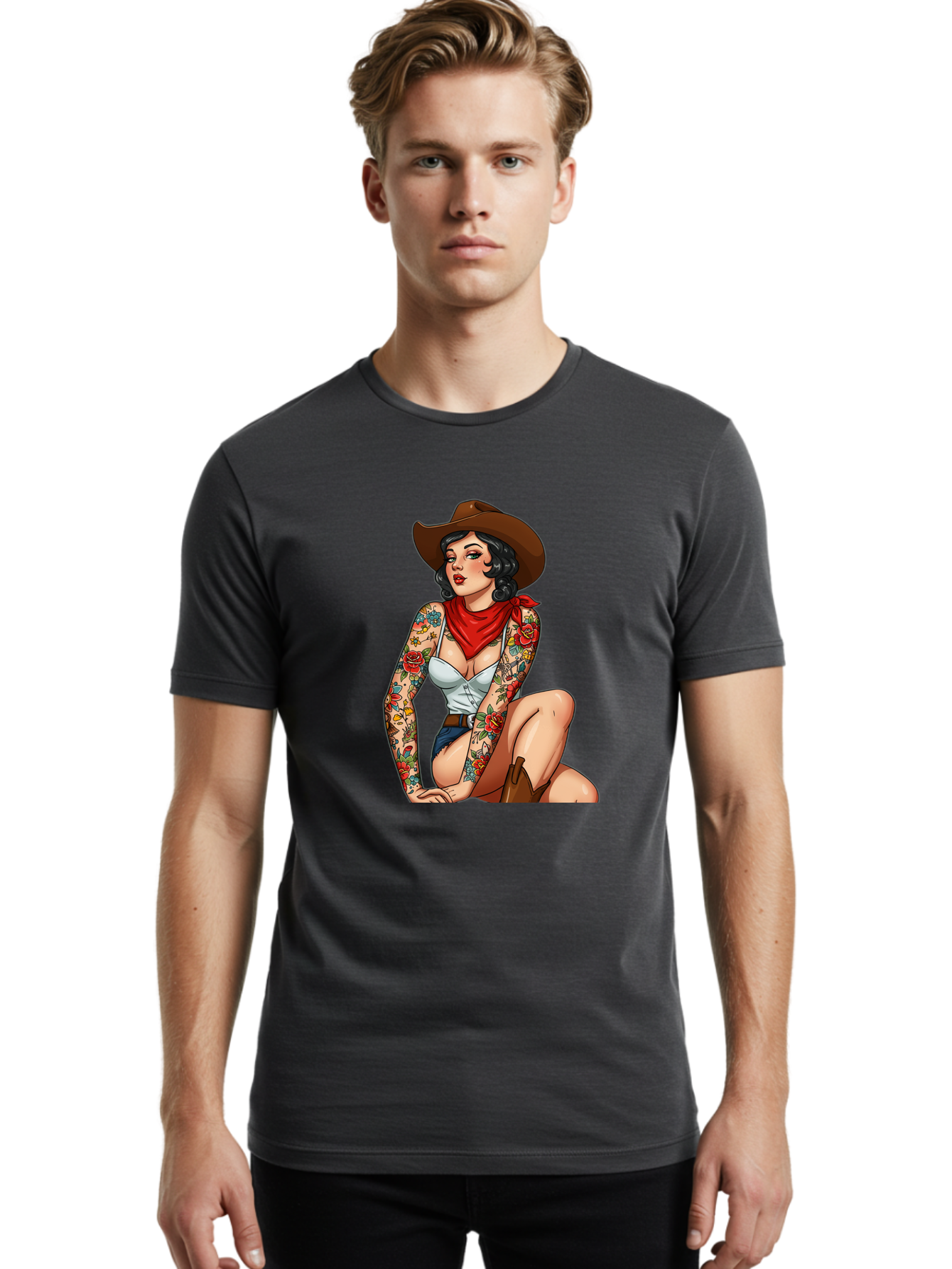 Pin-Up-Cowgirl Men'S Graphic Tee, 100% Cotton, Comfortable Casual Summer Wear, Machine Washable, Pin-Up Girl, Cowgirl Style, Tattooed Woman, Western Fashion, Retro Aesthetic, Sexy Cowboy Boots, Floral Tattoos, Classic Pinup Art, Bold And Sassy Bad415