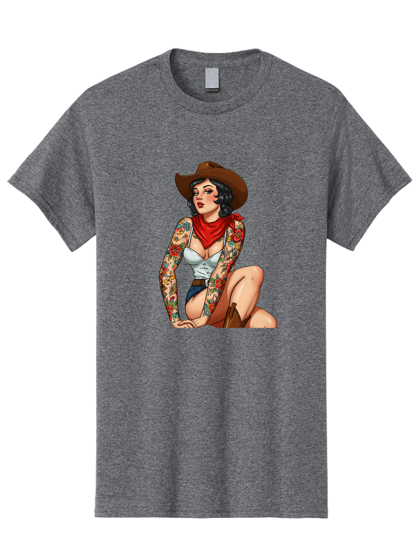 Pin-Up-Cowgirl Men'S Graphic Tee, 100% Cotton, Comfortable Casual Summer Wear, Machine Washable, Pin-Up Girl, Cowgirl Style, Tattooed Woman, Western Fashion, Retro Aesthetic, Sexy Cowboy Boots, Floral Tattoos, Classic Pinup Art, Bold And Sassy Bad415