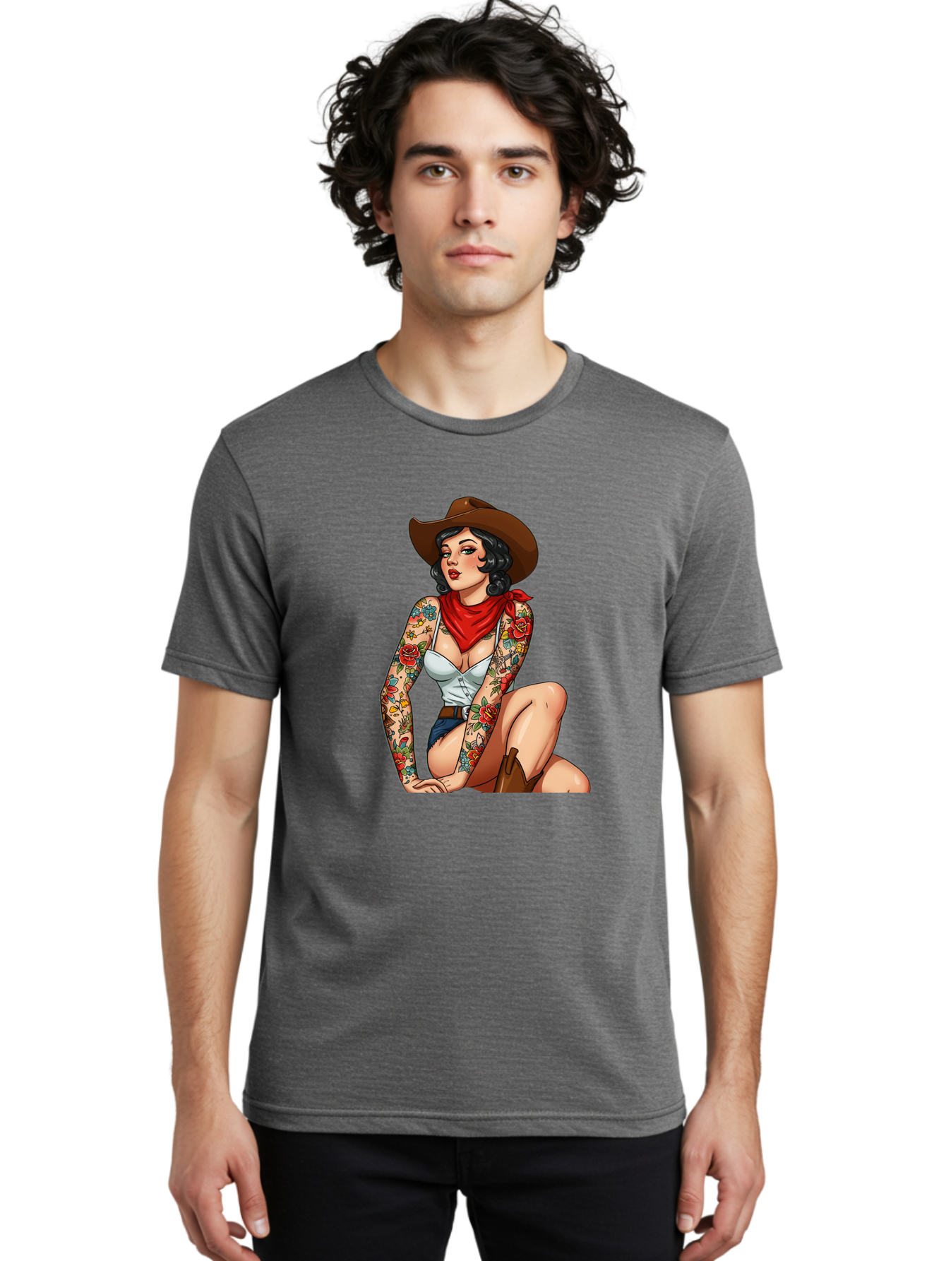Pin-Up-Cowgirl Men'S Graphic Tee, 100% Cotton, Comfortable Casual Summer Wear, Machine Washable, Pin-Up Girl, Cowgirl Style, Tattooed Woman, Western Fashion, Retro Aesthetic, Sexy Cowboy Boots, Floral Tattoos, Classic Pinup Art, Bold And Sassy Bad415