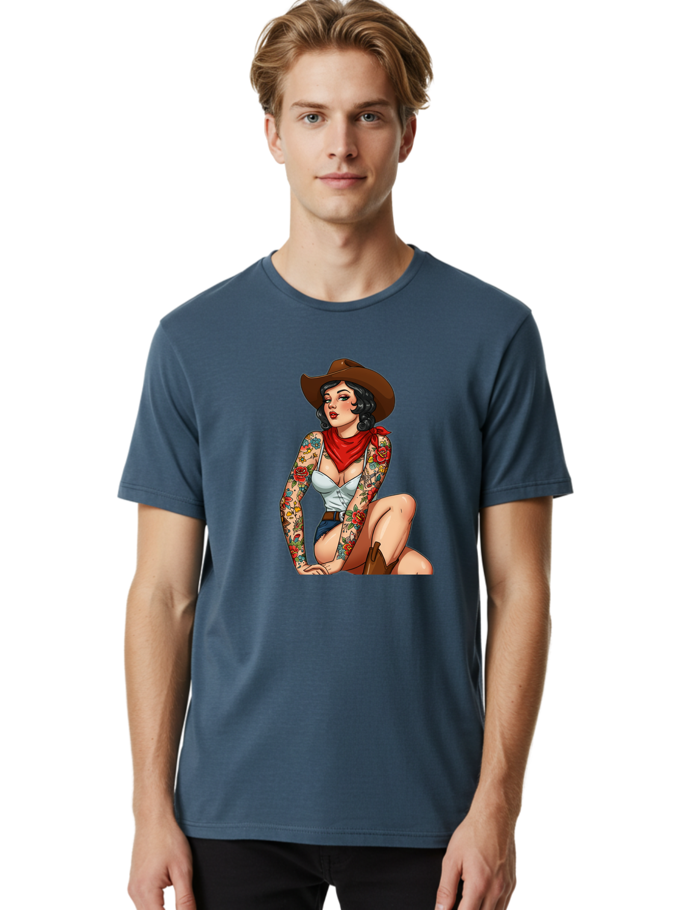 Pin-Up-Cowgirl Men'S Graphic Tee, 100% Cotton, Comfortable Casual Summer Wear, Machine Washable, Pin-Up Girl, Cowgirl Style, Tattooed Woman, Western Fashion, Retro Aesthetic, Sexy Cowboy Boots, Floral Tattoos, Classic Pinup Art, Bold And Sassy Bad415