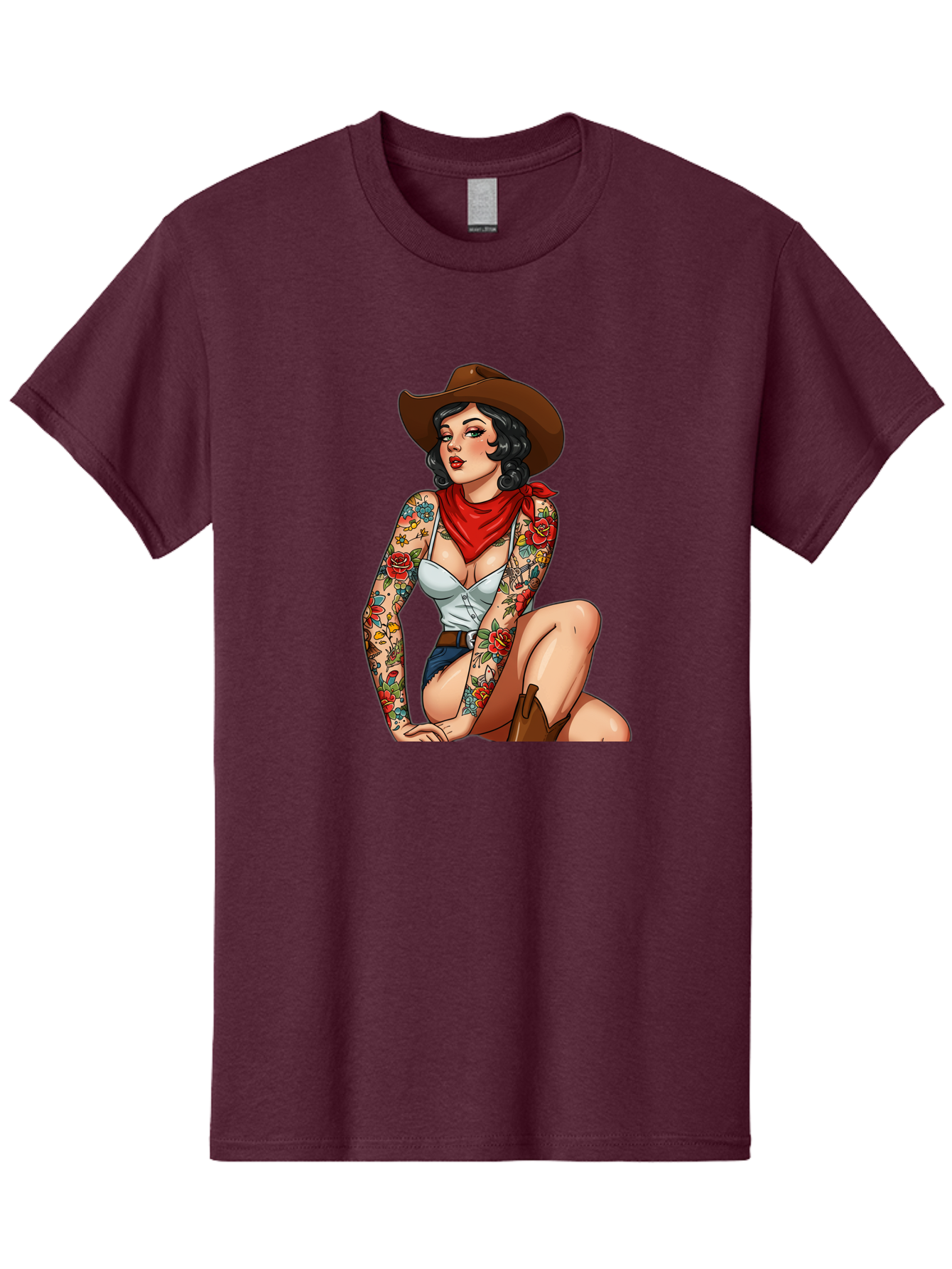 Pin-Up-Cowgirl Men'S Graphic Tee, 100% Cotton, Comfortable Casual Summer Wear, Machine Washable, Pin-Up Girl, Cowgirl Style, Tattooed Woman, Western Fashion, Retro Aesthetic, Sexy Cowboy Boots, Floral Tattoos, Classic Pinup Art, Bold And Sassy Bad415