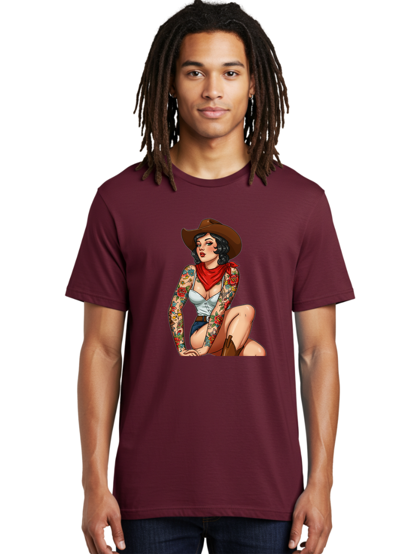 Pin-Up-Cowgirl Men'S Graphic Tee, 100% Cotton, Comfortable Casual Summer Wear, Machine Washable, Pin-Up Girl, Cowgirl Style, Tattooed Woman, Western Fashion, Retro Aesthetic, Sexy Cowboy Boots, Floral Tattoos, Classic Pinup Art, Bold And Sassy Bad415