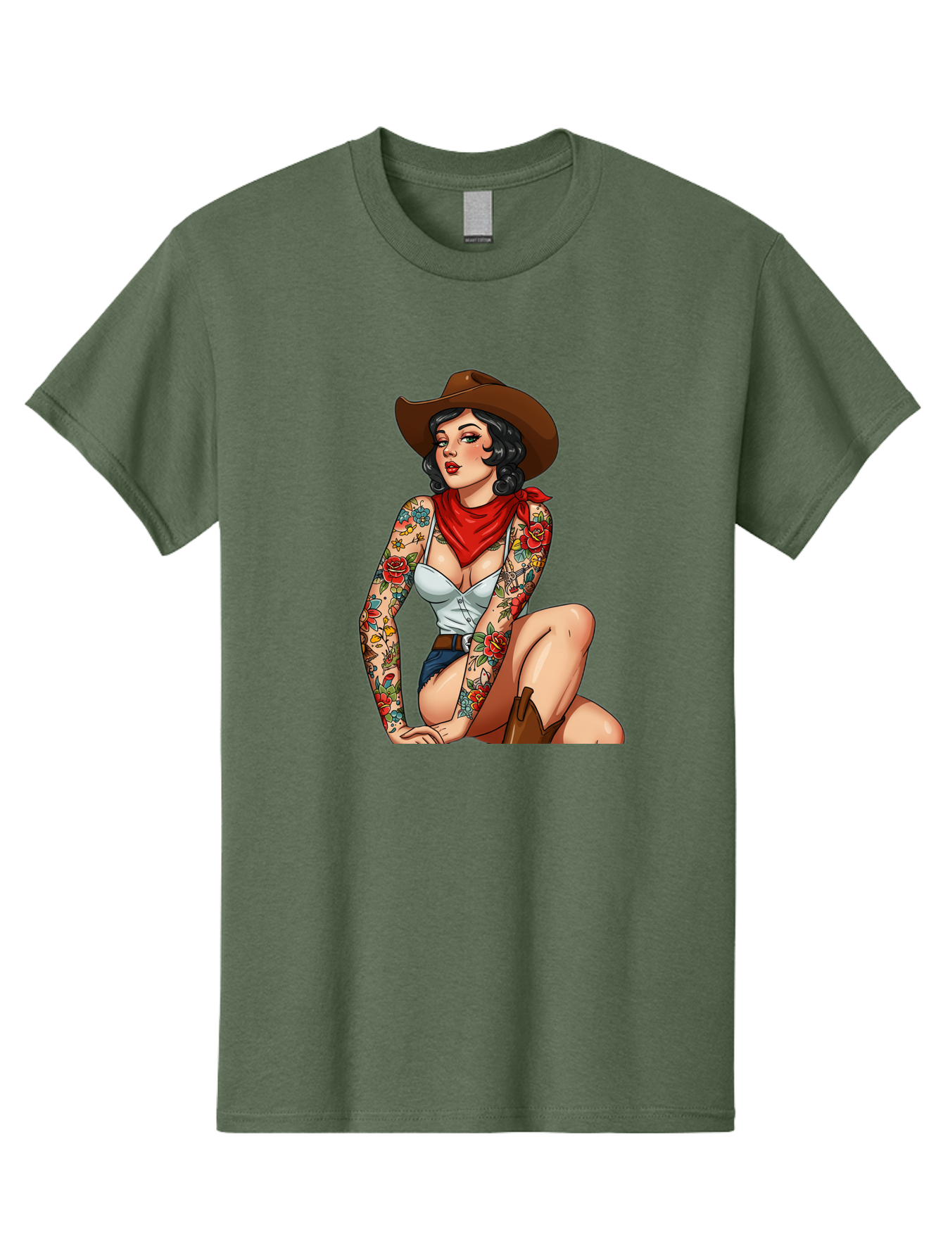Pin-Up-Cowgirl Men'S Graphic Tee, 100% Cotton, Comfortable Casual Summer Wear, Machine Washable, Pin-Up Girl, Cowgirl Style, Tattooed Woman, Western Fashion, Retro Aesthetic, Sexy Cowboy Boots, Floral Tattoos, Classic Pinup Art, Bold And Sassy Bad415
