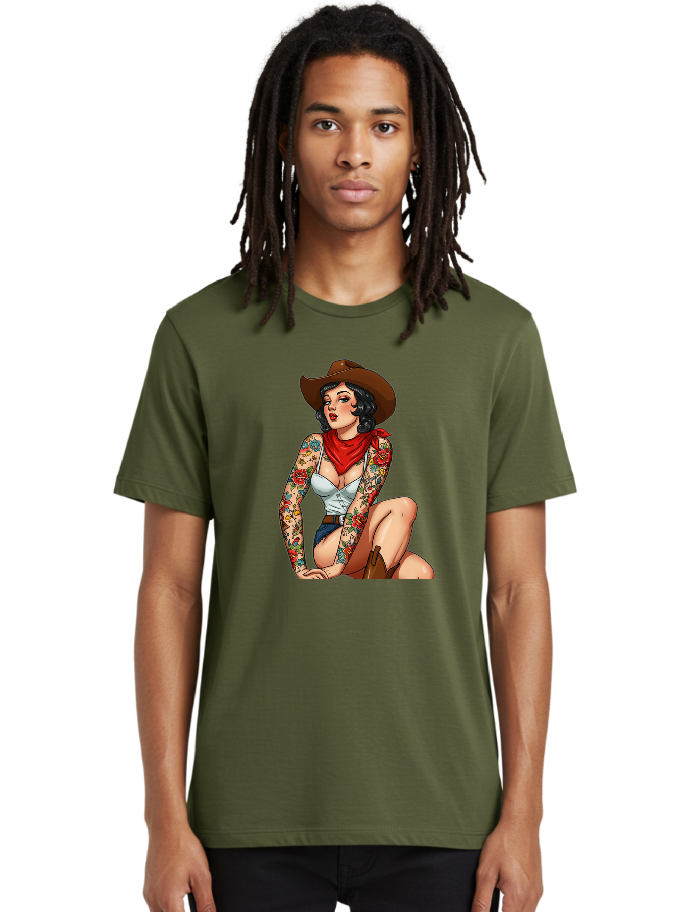 Pin-Up-Cowgirl Men'S Graphic Tee, 100% Cotton, Comfortable Casual Summer Wear, Machine Washable, Pin-Up Girl, Cowgirl Style, Tattooed Woman, Western Fashion, Retro Aesthetic, Sexy Cowboy Boots, Floral Tattoos, Classic Pinup Art, Bold And Sassy Bad415