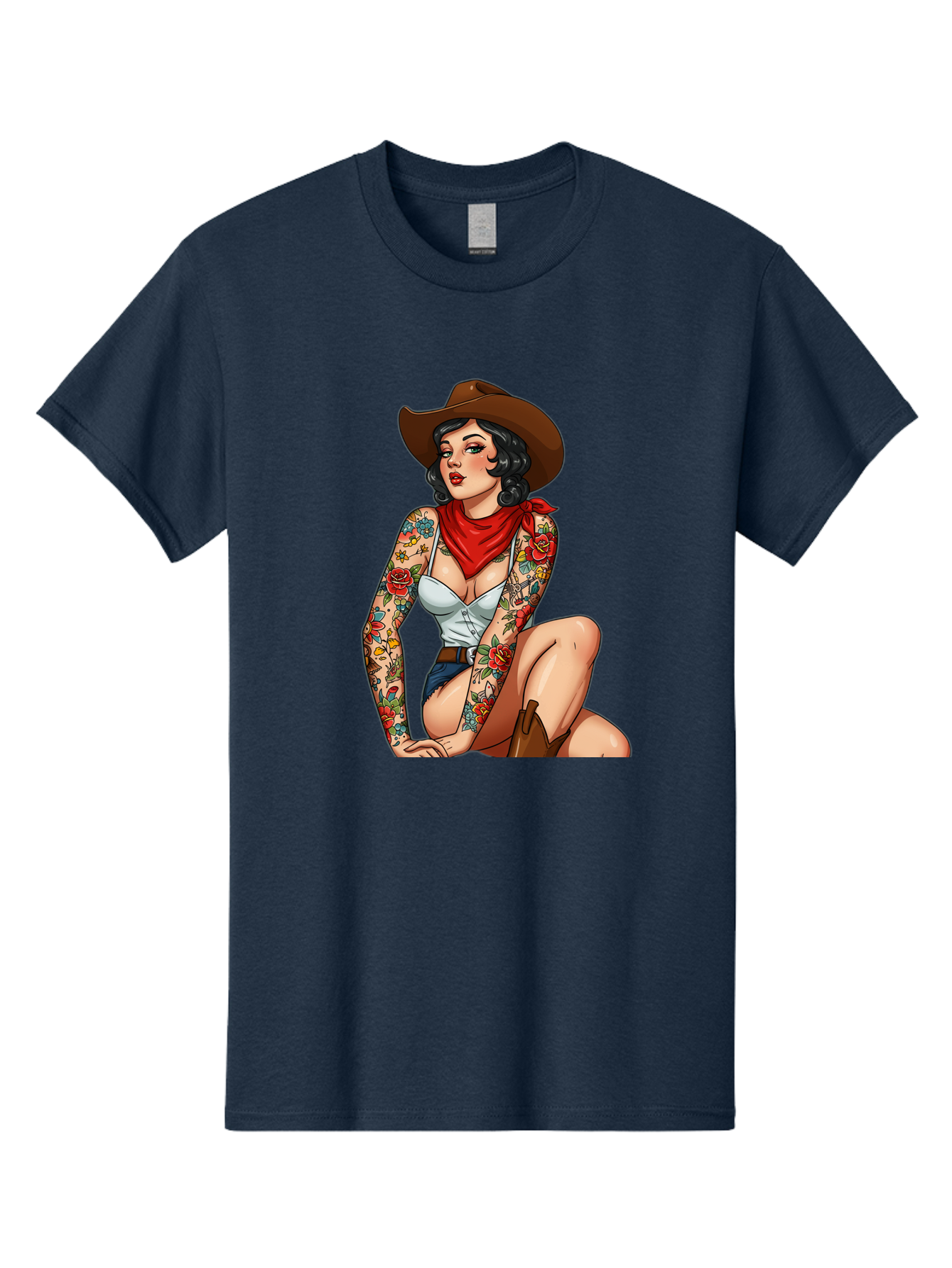 Pin-Up-Cowgirl Men'S Graphic Tee, 100% Cotton, Comfortable Casual Summer Wear, Machine Washable, Pin-Up Girl, Cowgirl Style, Tattooed Woman, Western Fashion, Retro Aesthetic, Sexy Cowboy Boots, Floral Tattoos, Classic Pinup Art, Bold And Sassy Bad415