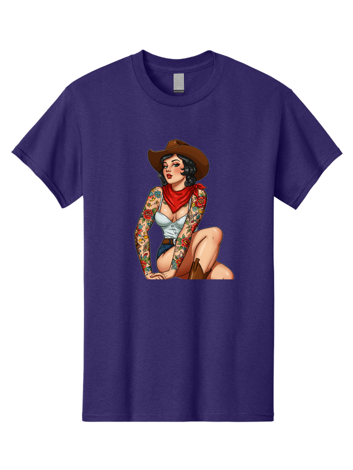 Pin-Up-Cowgirl Men'S Graphic Tee, 100% Cotton, Comfortable Casual Summer Wear, Machine Washable, Pin-Up Girl, Cowgirl Style, Tattooed Woman, Western Fashion, Retro Aesthetic, Sexy Cowboy Boots, Floral Tattoos, Classic Pinup Art, Bold And Sassy Bad415