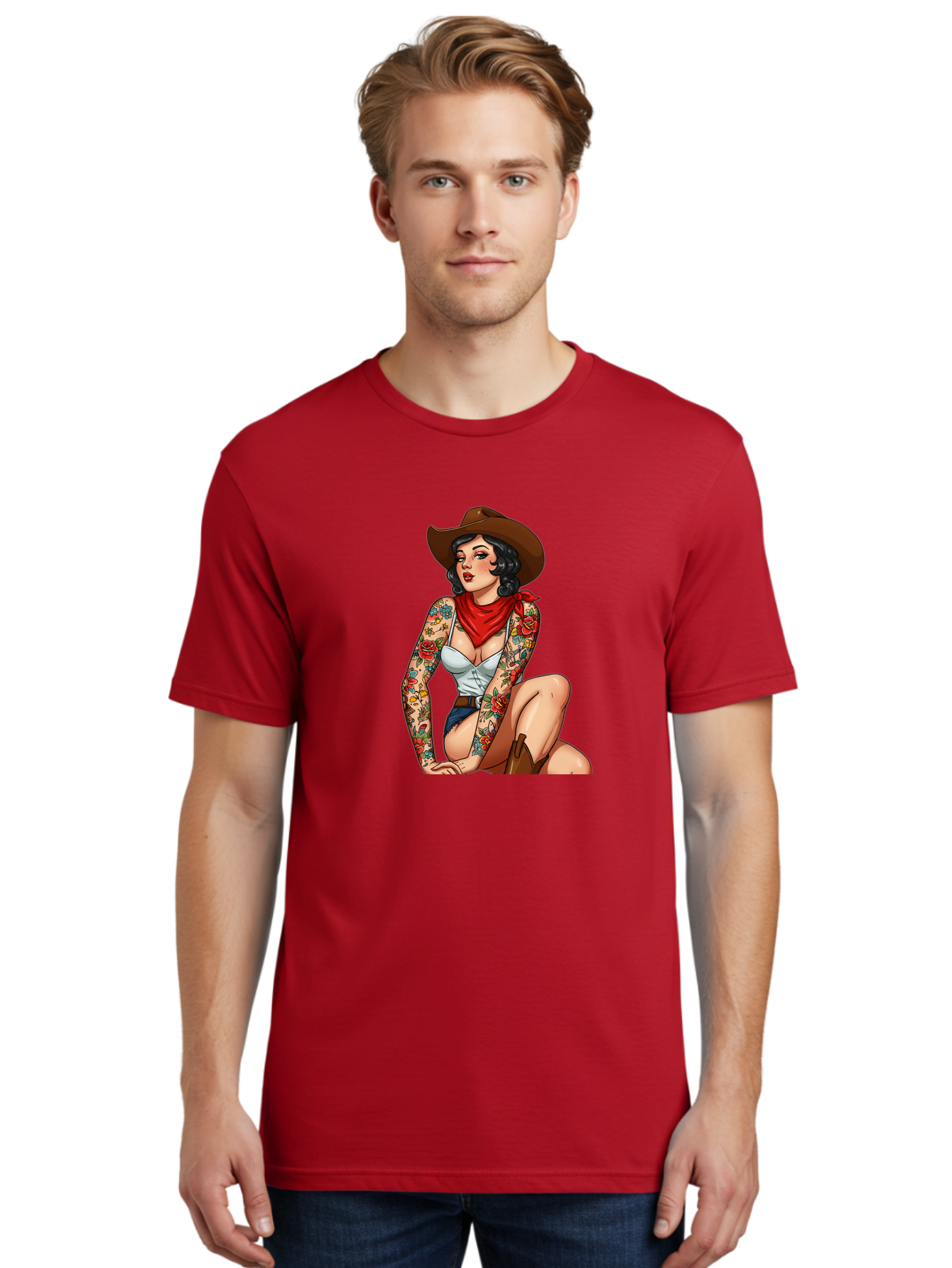Pin-Up-Cowgirl Men'S Graphic Tee, 100% Cotton, Comfortable Casual Summer Wear, Machine Washable, Pin-Up Girl, Cowgirl Style, Tattooed Woman, Western Fashion, Retro Aesthetic, Sexy Cowboy Boots, Floral Tattoos, Classic Pinup Art, Bold And Sassy Bad415