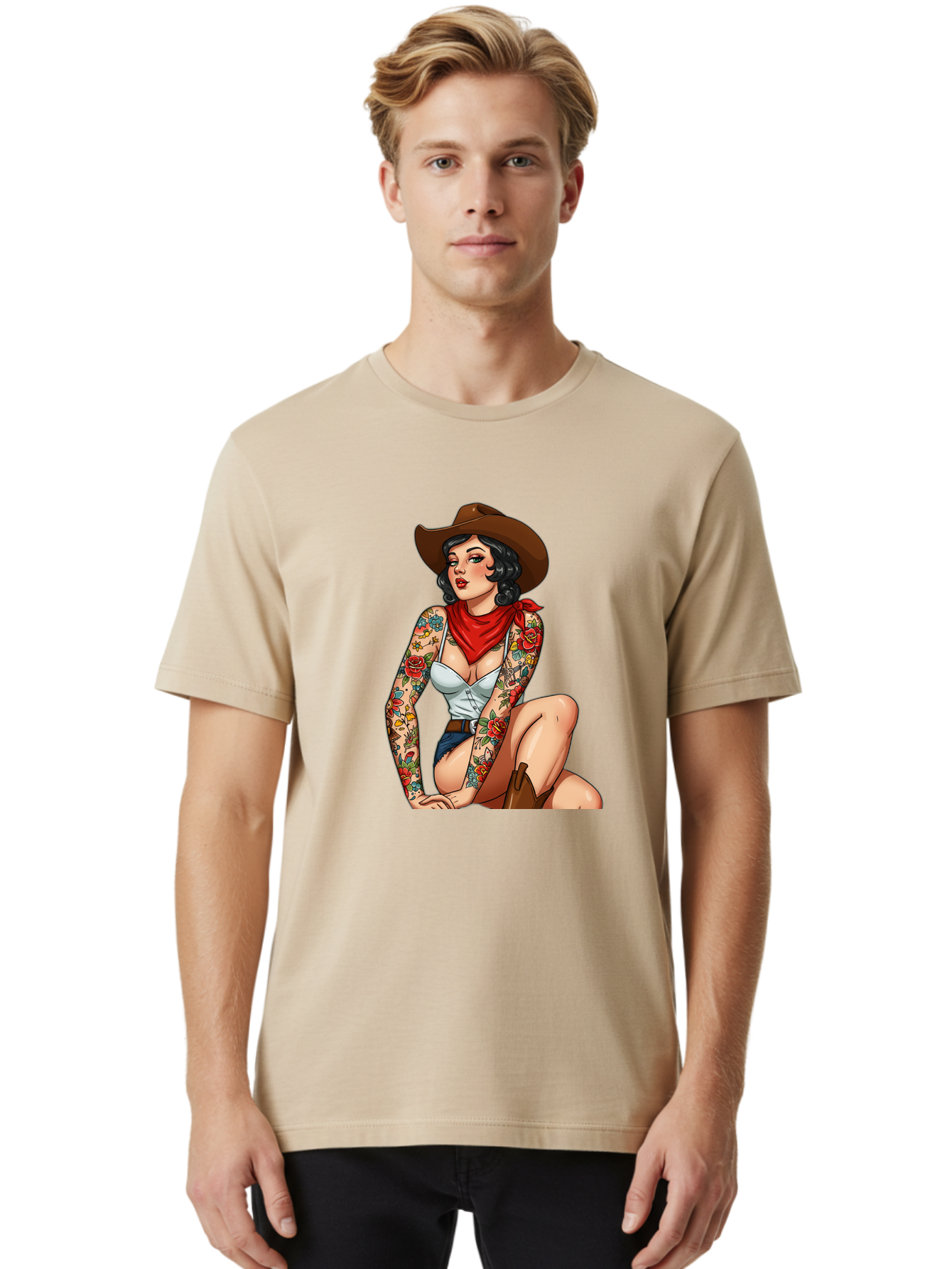 Pin-Up-Cowgirl Men'S Graphic Tee, 100% Cotton, Comfortable Casual Summer Wear, Machine Washable, Pin-Up Girl, Cowgirl Style, Tattooed Woman, Western Fashion, Retro Aesthetic, Sexy Cowboy Boots, Floral Tattoos, Classic Pinup Art, Bold And Sassy Bad415