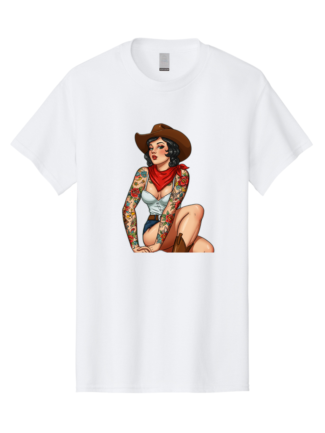 Pin-Up-Cowgirl Men'S Graphic Tee, 100% Cotton, Comfortable Casual Summer Wear, Machine Washable, Pin-Up Girl, Cowgirl Style, Tattooed Woman, Western Fashion, Retro Aesthetic, Sexy Cowboy Boots, Floral Tattoos, Classic Pinup Art, Bold And Sassy Bad415