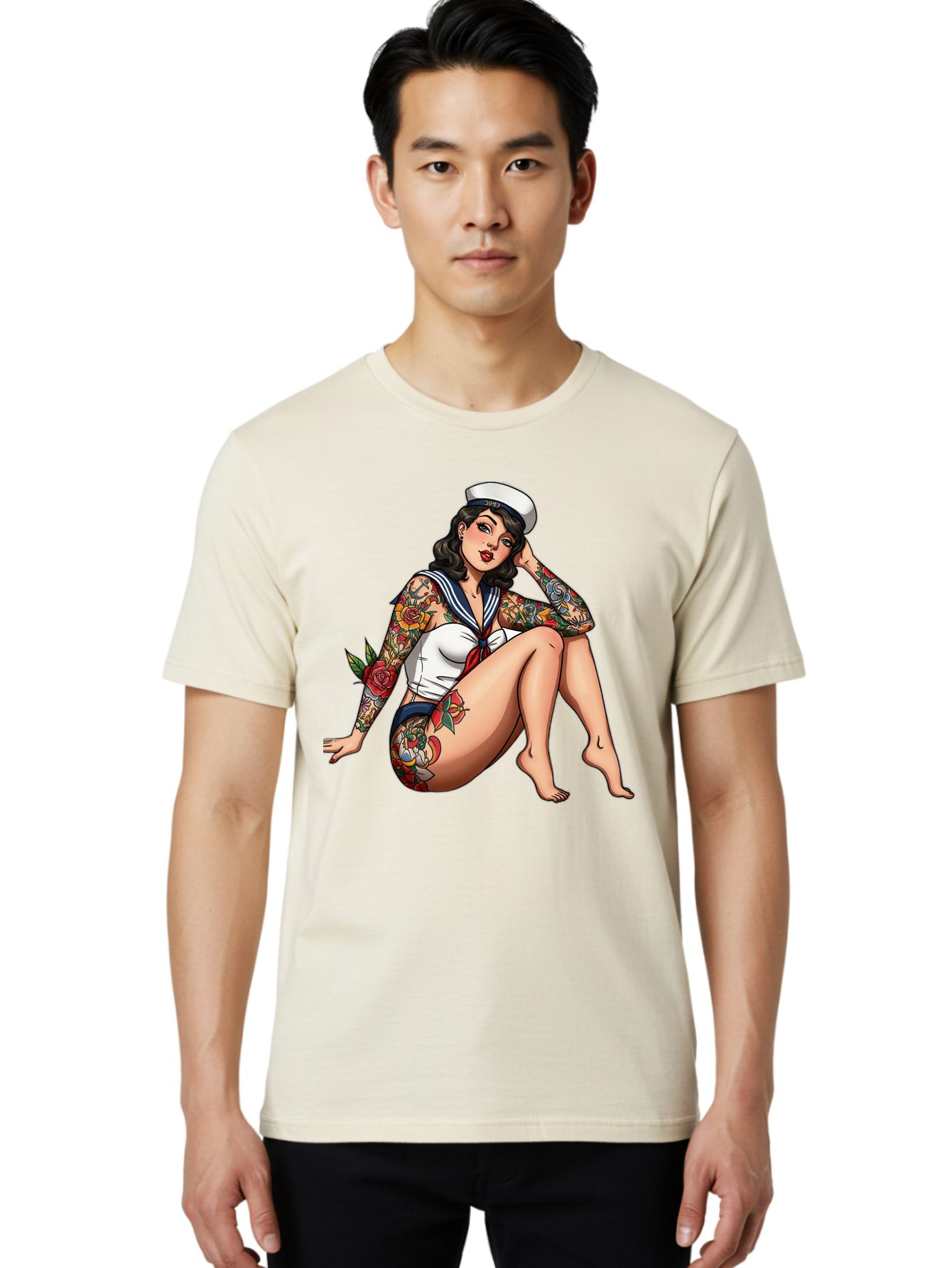 Pin-Up-Girl-Sailor Men'S Graphic Tee, 100% Cotton, Comfortable Casual Summer Wear, Machine Washable, Pin-Up Girl, Sailor Costume, Tattoos, Rose Tattoos, Nautical Theme, Vintage Style, Seductive Pose, Pin-Up Art, Body Art, Tattoo Art, Bad416
