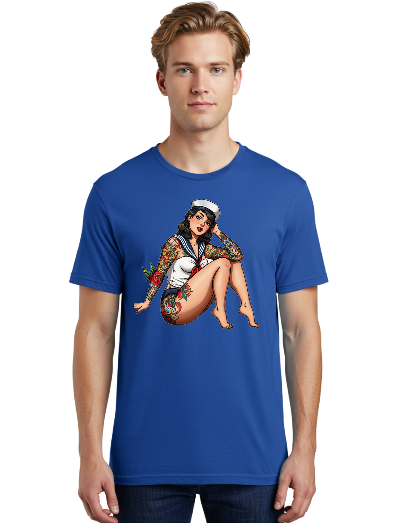 Pin-Up-Girl-Sailor Men'S Graphic Tee, 100% Cotton, Comfortable Casual Summer Wear, Machine Washable, Pin-Up Girl, Sailor Costume, Tattoos, Rose Tattoos, Nautical Theme, Vintage Style, Seductive Pose, Pin-Up Art, Body Art, Tattoo Art, Bad416