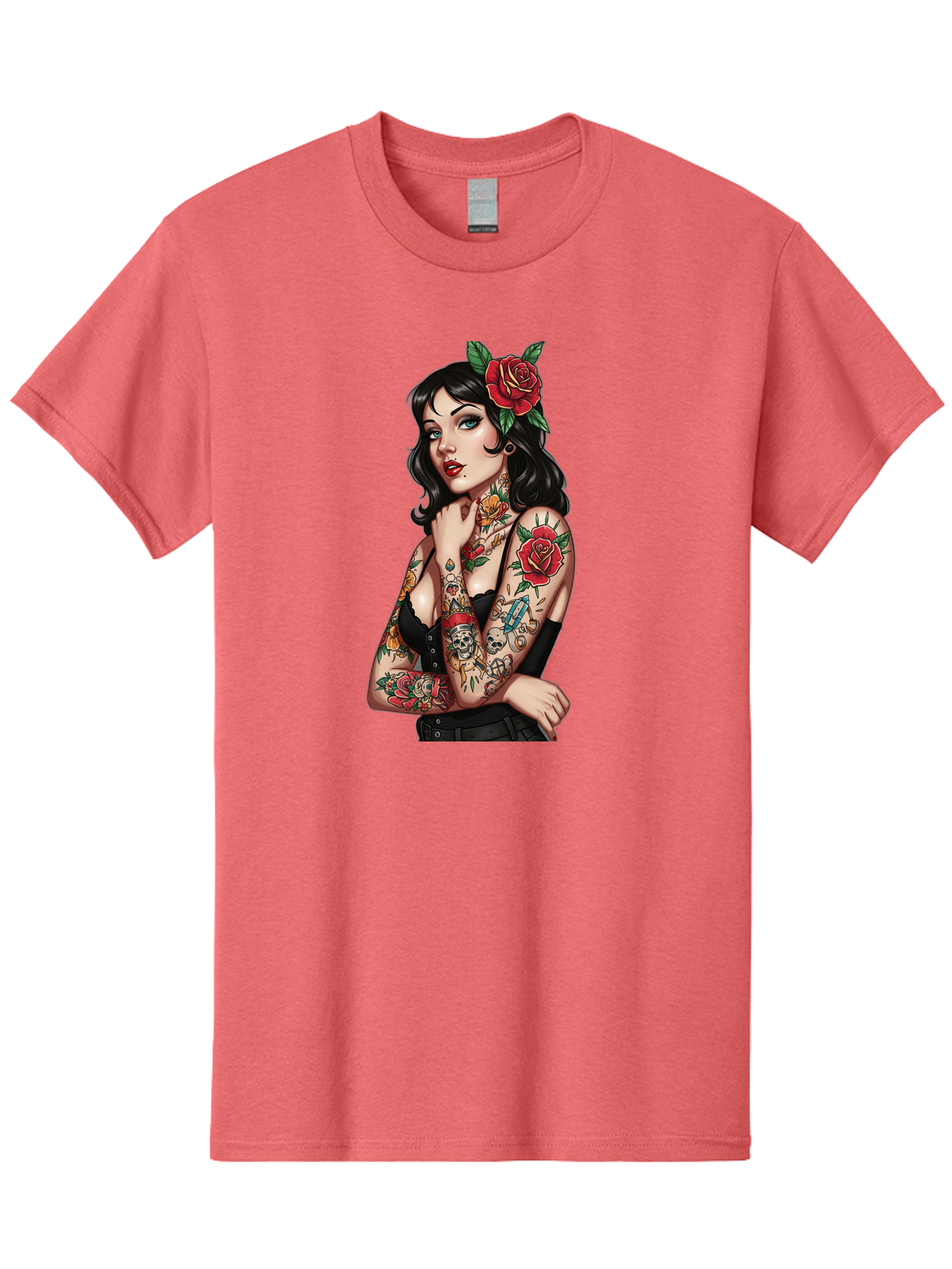 Pin-Up-Girl-Tattoos Men'S Graphic Tee, 100% Cotton, Comfortable Casual Summer Wear, Machine Washable, Tattooed Pin-Up Girl, Vintage Style, Rose In Hair, Arm Tattoos, Roses, Skull, Dagger, Edgy, Feminine Charm, Classic Tattoo Art, Body Art Bad417