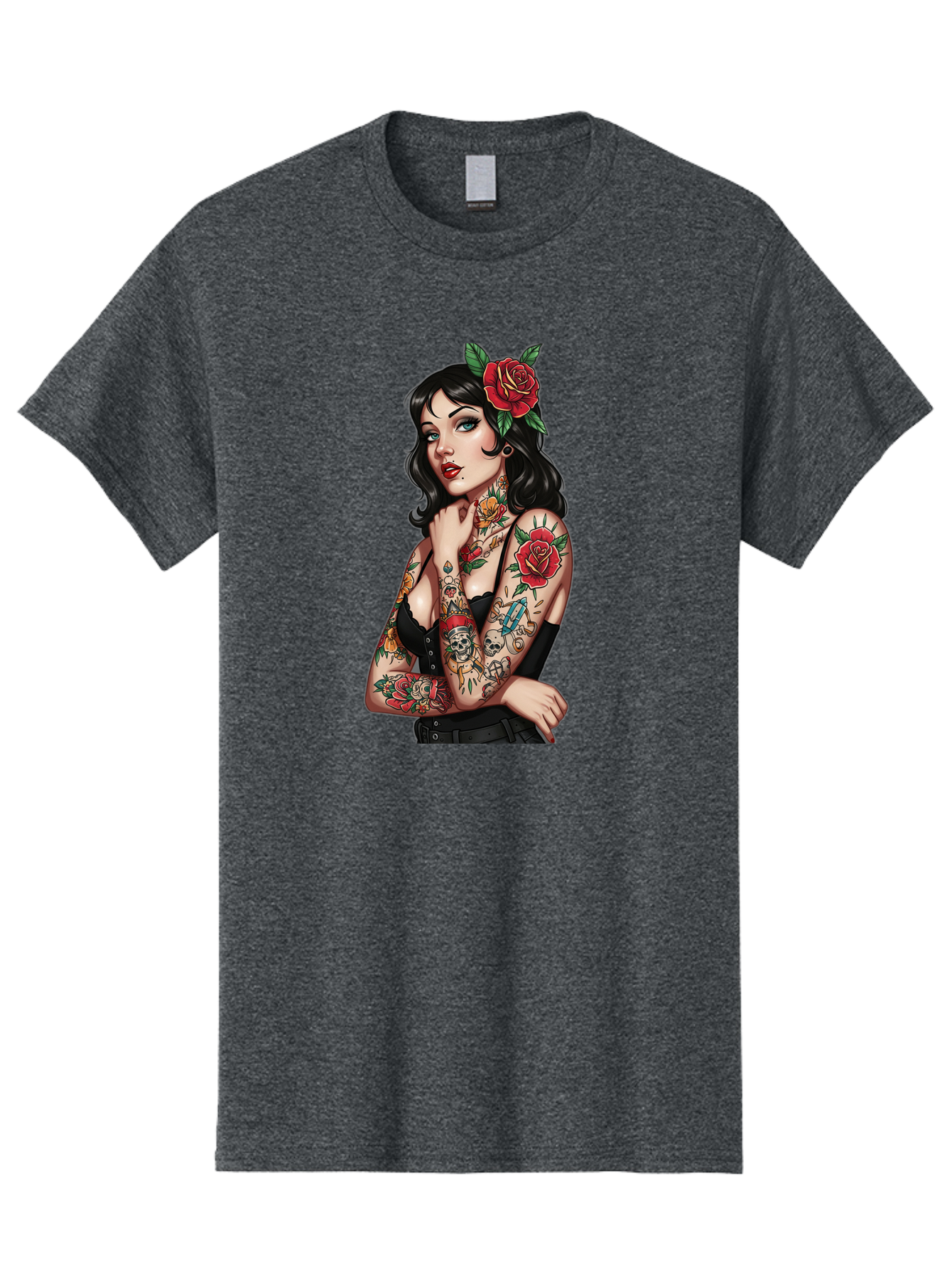 Pin-Up-Girl-Tattoos Men'S Graphic Tee, 100% Cotton, Comfortable Casual Summer Wear, Machine Washable, Tattooed Pin-Up Girl, Vintage Style, Rose In Hair, Arm Tattoos, Roses, Skull, Dagger, Edgy, Feminine Charm, Classic Tattoo Art, Body Art Bad417