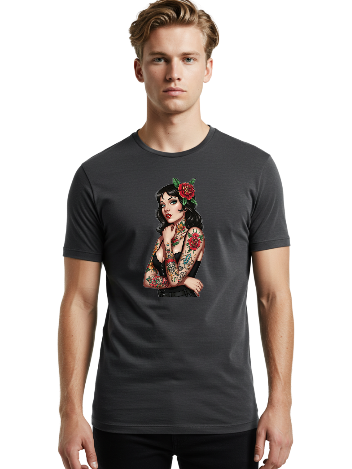 Pin-Up-Girl-Tattoos Men'S Graphic Tee, 100% Cotton, Comfortable Casual Summer Wear, Machine Washable, Tattooed Pin-Up Girl, Vintage Style, Rose In Hair, Arm Tattoos, Roses, Skull, Dagger, Edgy, Feminine Charm, Classic Tattoo Art, Body Art Bad417