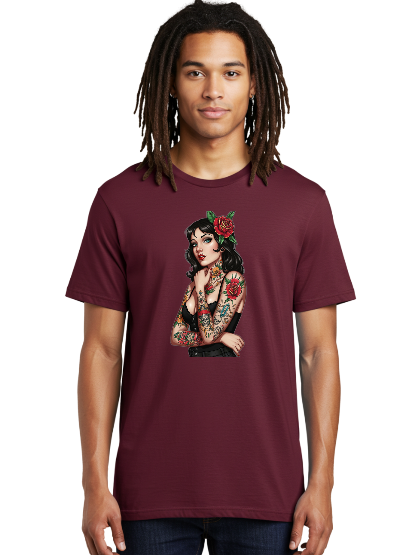 Pin-Up-Girl-Tattoos Men'S Graphic Tee, 100% Cotton, Comfortable Casual Summer Wear, Machine Washable, Tattooed Pin-Up Girl, Vintage Style, Rose In Hair, Arm Tattoos, Roses, Skull, Dagger, Edgy, Feminine Charm, Classic Tattoo Art, Body Art Bad417