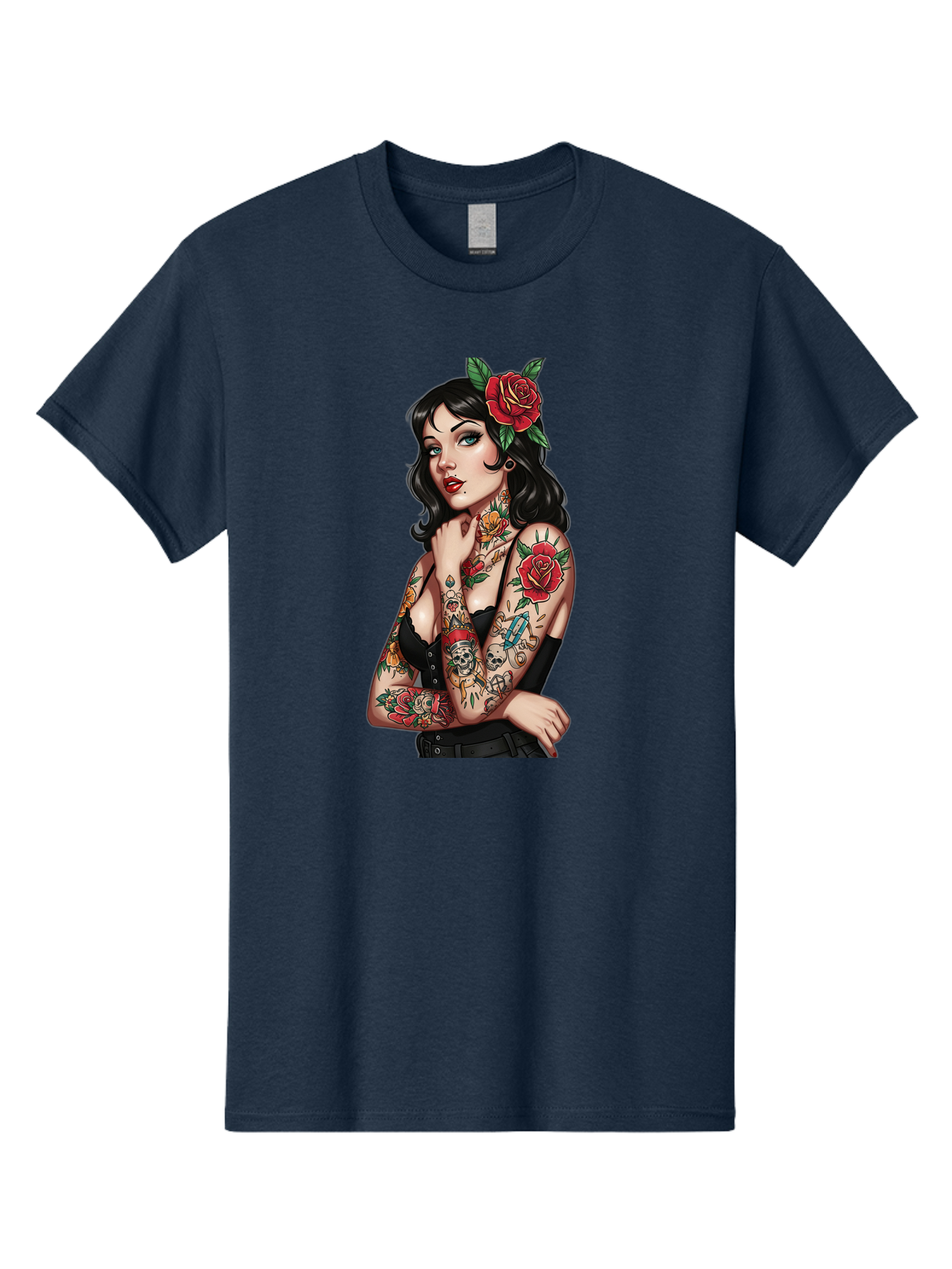 Pin-Up-Girl-Tattoos Men'S Graphic Tee, 100% Cotton, Comfortable Casual Summer Wear, Machine Washable, Tattooed Pin-Up Girl, Vintage Style, Rose In Hair, Arm Tattoos, Roses, Skull, Dagger, Edgy, Feminine Charm, Classic Tattoo Art, Body Art Bad417
