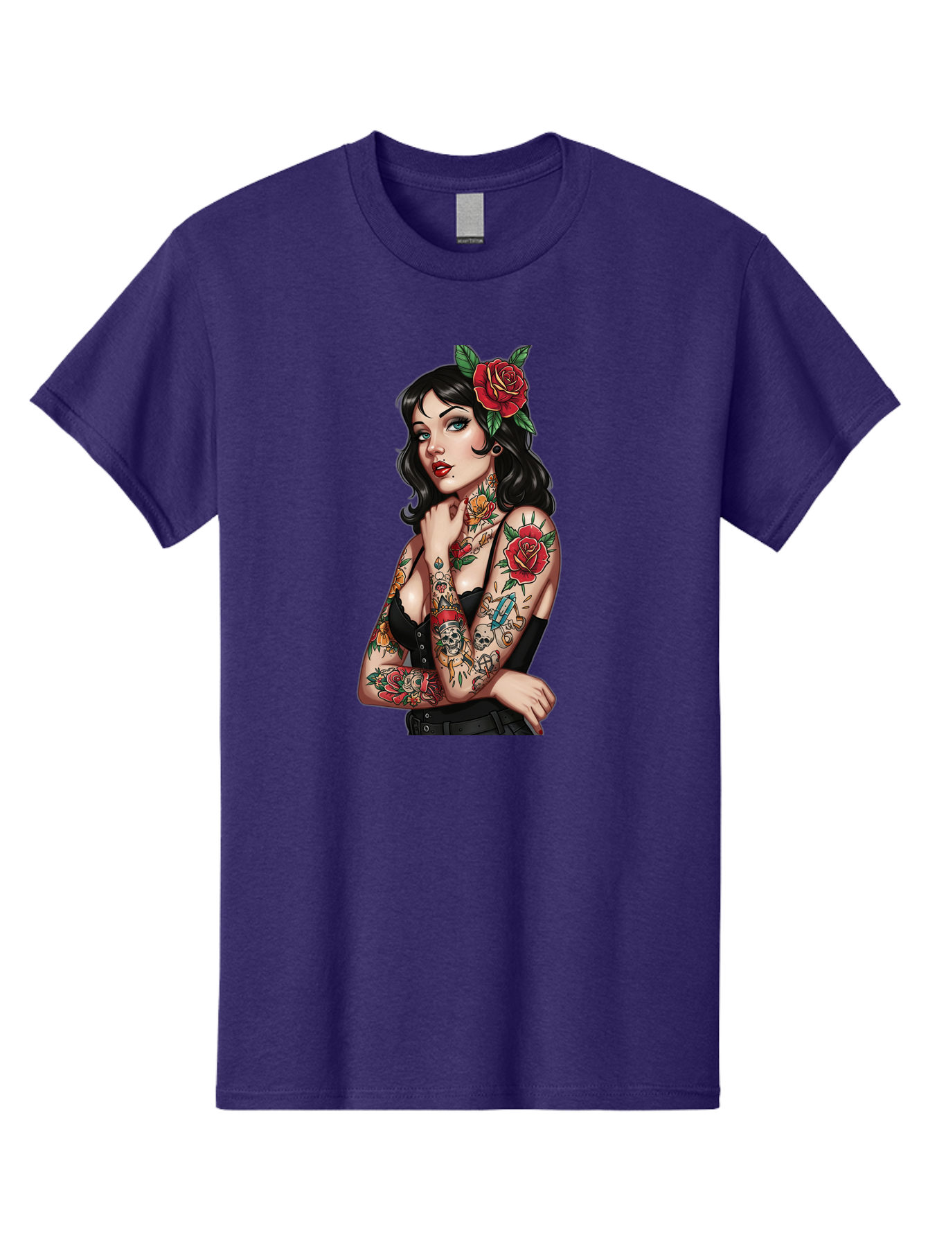 Pin-Up-Girl-Tattoos Men'S Graphic Tee, 100% Cotton, Comfortable Casual Summer Wear, Machine Washable, Tattooed Pin-Up Girl, Vintage Style, Rose In Hair, Arm Tattoos, Roses, Skull, Dagger, Edgy, Feminine Charm, Classic Tattoo Art, Body Art Bad417