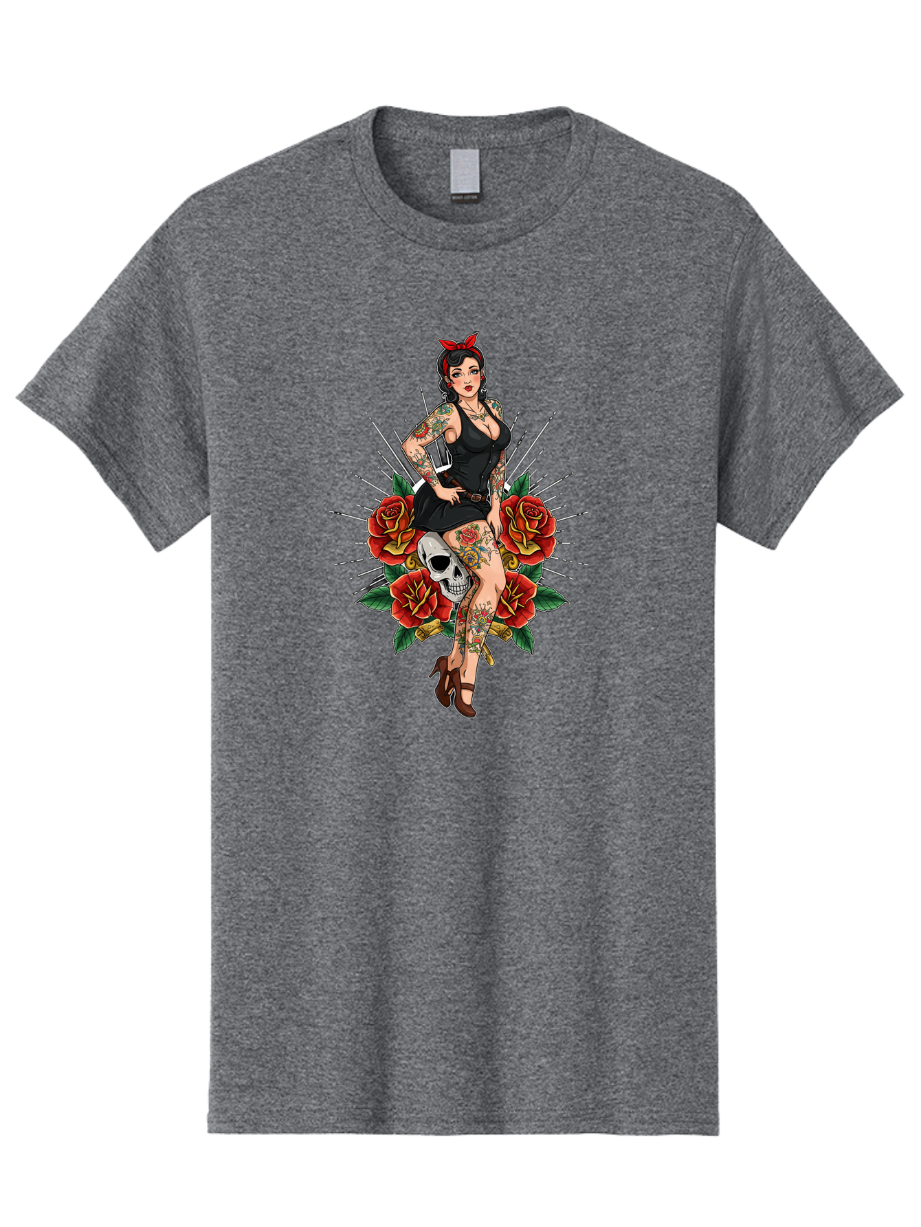 Pin-Up-Girl-With-Skull-And-Roses Men'S Graphic Tee, 100% Cotton, Comfortable Casual Summer Wear, Machine Washable, Pinup Girl, Tattoo Art, Red Roses, Skull, Daggers, Sexy Pose, Pin-Up Style, Vintage-Inspired, Bold Graphics, Feminine Charm, Bad418