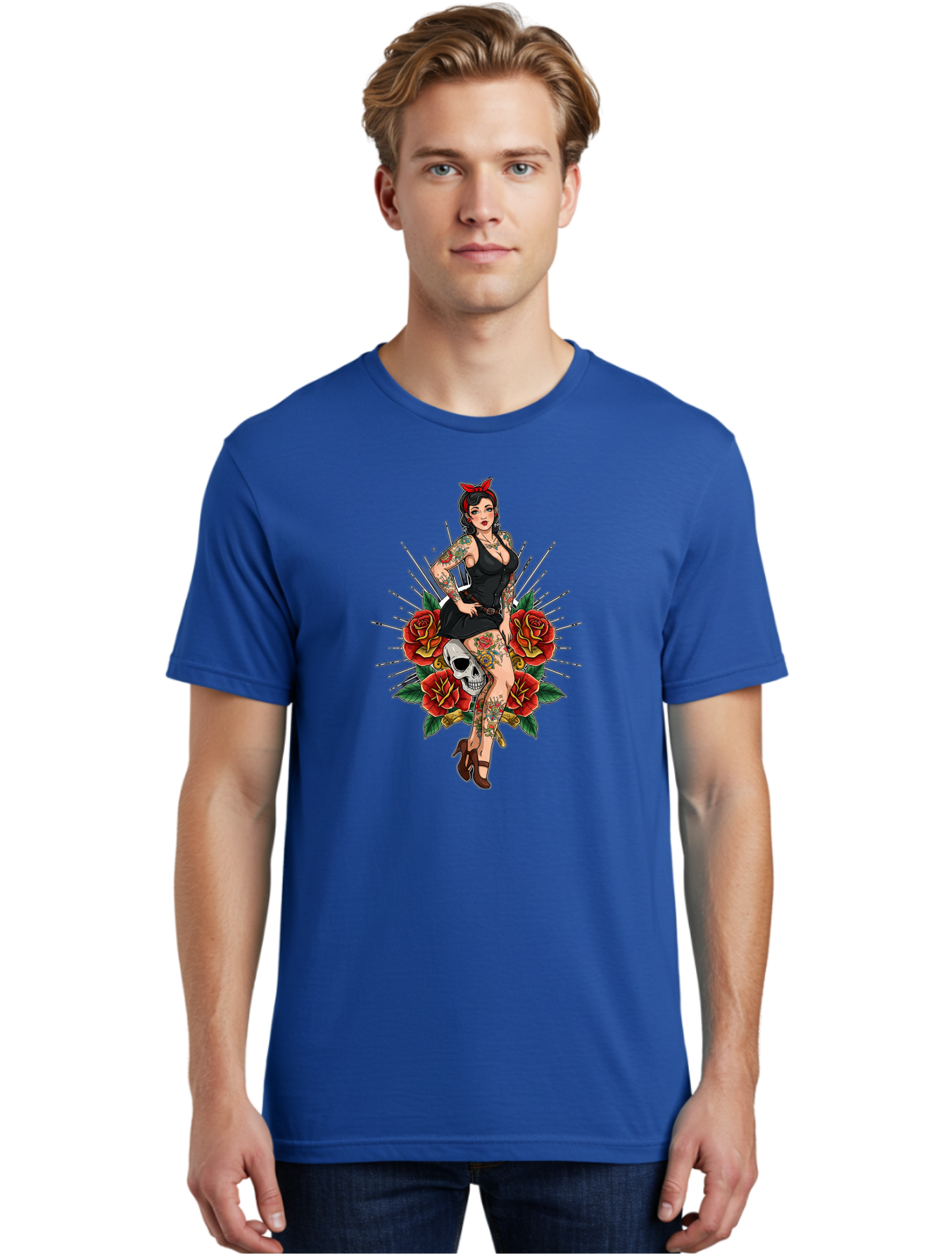 Pin-Up-Girl-With-Skull-And-Roses Men'S Graphic Tee, 100% Cotton, Comfortable Casual Summer Wear, Machine Washable, Pinup Girl, Tattoo Art, Red Roses, Skull, Daggers, Sexy Pose, Pin-Up Style, Vintage-Inspired, Bold Graphics, Feminine Charm, Bad418