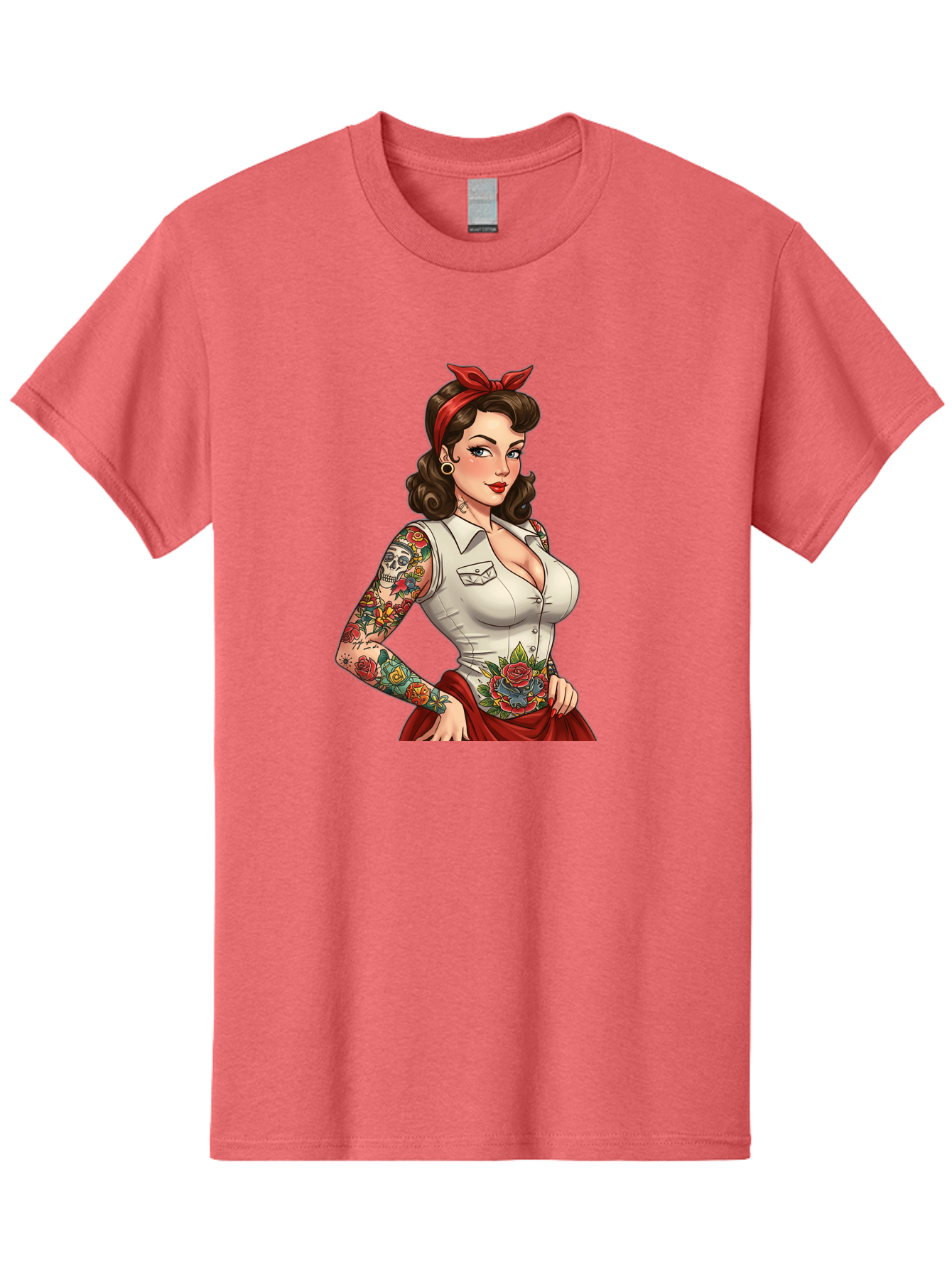 Pin-Up-Girl Men'S Graphic Tee, 100% Cotton, Comfortable Casual Summer Wear, Machine Washable, Pin-Up Girl, Vintage Style, Tattoos, Red Skirt, White Shirt, Curvy Figure, Cartoon Character, Retro Aesthetic, Feminine Charm, Bold And Sassy, Bad419