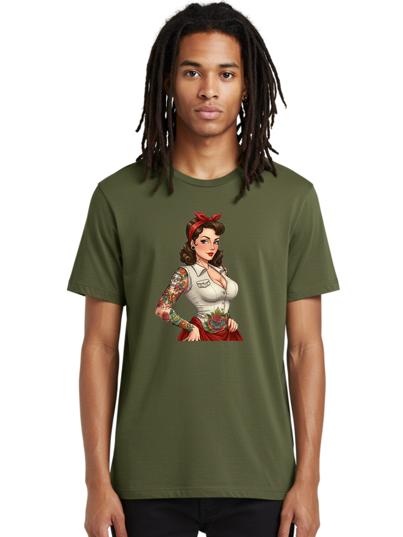 Pin-Up-Girl Men'S Graphic Tee, 100% Cotton, Comfortable Casual Summer Wear, Machine Washable, Pin-Up Girl, Vintage Style, Tattoos, Red Skirt, White Shirt, Curvy Figure, Cartoon Character, Retro Aesthetic, Feminine Charm, Bold And Sassy, Bad419
