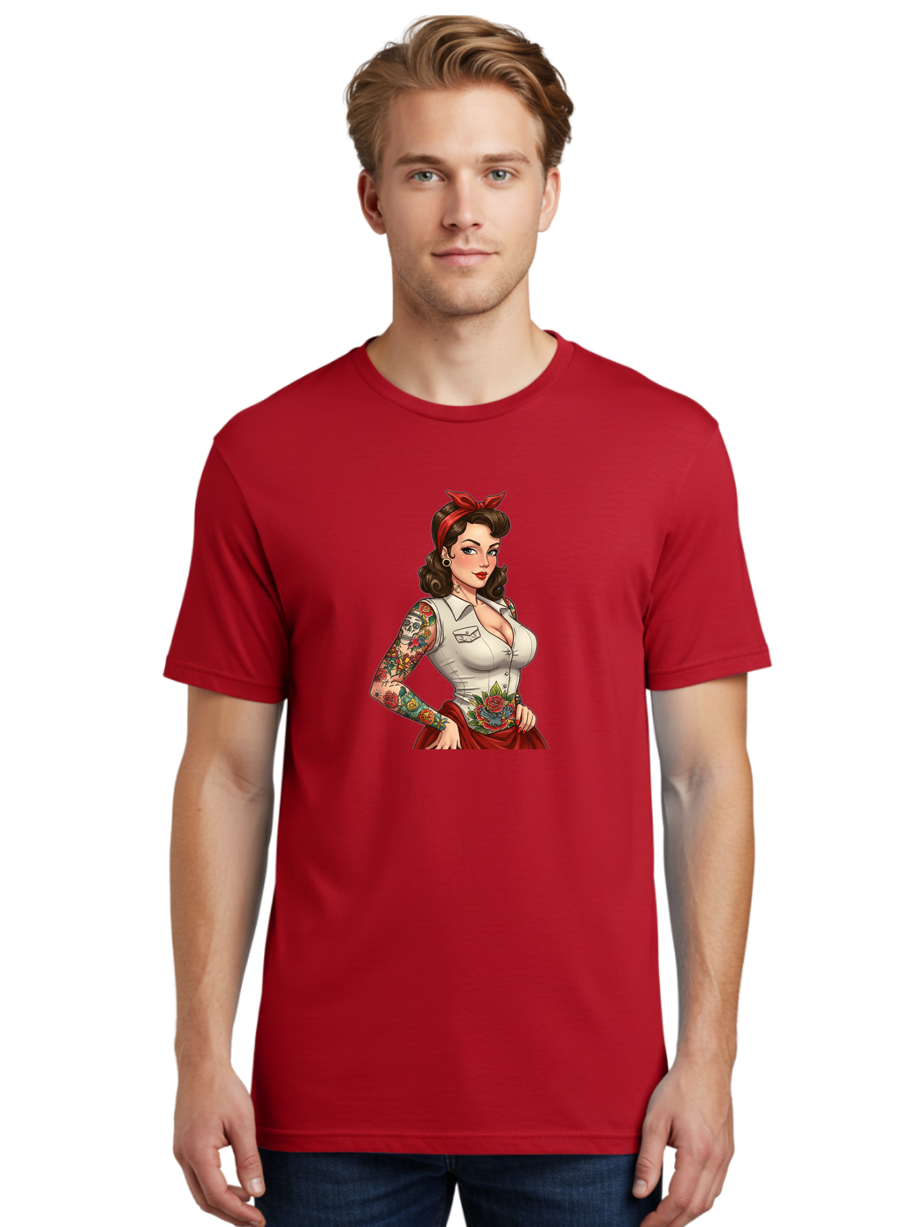 Pin-Up-Girl Men'S Graphic Tee, 100% Cotton, Comfortable Casual Summer Wear, Machine Washable, Pin-Up Girl, Vintage Style, Tattoos, Red Skirt, White Shirt, Curvy Figure, Cartoon Character, Retro Aesthetic, Feminine Charm, Bold And Sassy, Bad419