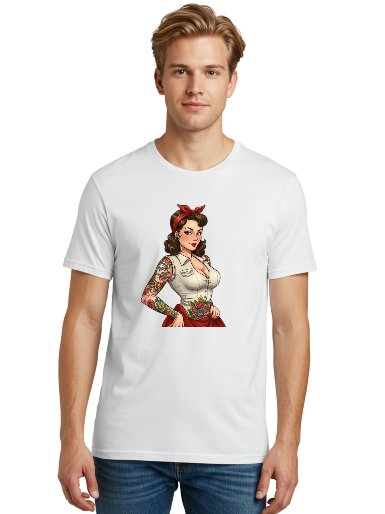 Pin-Up-Girl Men'S Graphic Tee, 100% Cotton, Comfortable Casual Summer Wear, Machine Washable, Pin-Up Girl, Vintage Style, Tattoos, Red Skirt, White Shirt, Curvy Figure, Cartoon Character, Retro Aesthetic, Feminine Charm, Bold And Sassy, Bad419