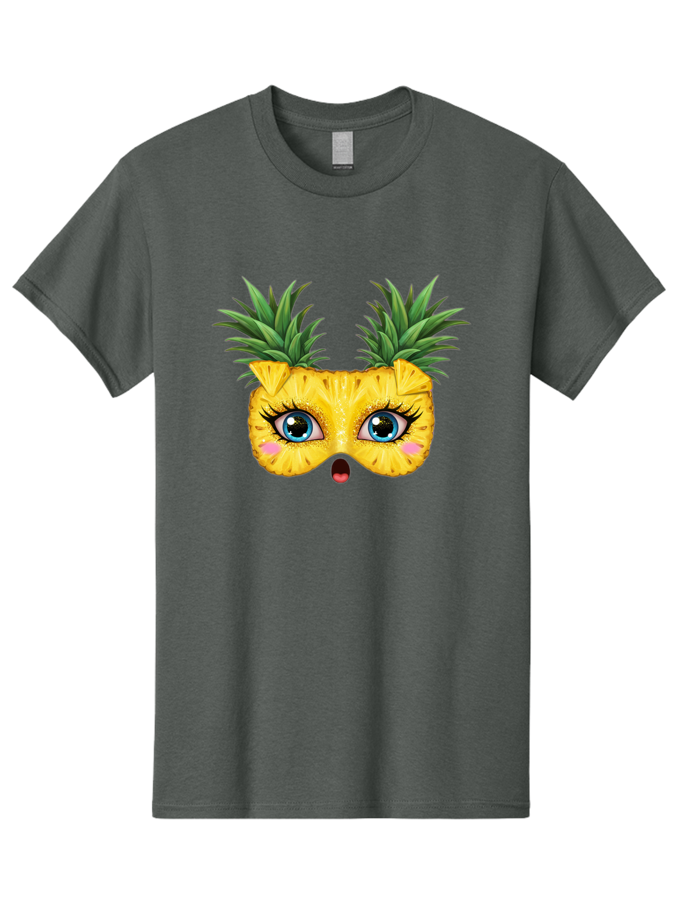 Pineapple-Mask Men'S Graphic Tee, 100% Cotton, Comfortable Casual Summer Wear, Machine Washable, Cartoon Pineapple With Face, Pineapple Character, Funny Fruit, Tropical Vibe, Blue Eyes, Eyelashes, Pink Cheeks, Surprised Expression, Summer Fun, Bad420