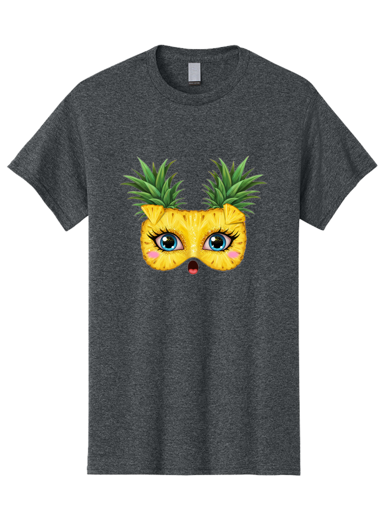 Pineapple-Mask Men'S Graphic Tee, 100% Cotton, Comfortable Casual Summer Wear, Machine Washable, Cartoon Pineapple With Face, Pineapple Character, Funny Fruit, Tropical Vibe, Blue Eyes, Eyelashes, Pink Cheeks, Surprised Expression, Summer Fun, Bad420