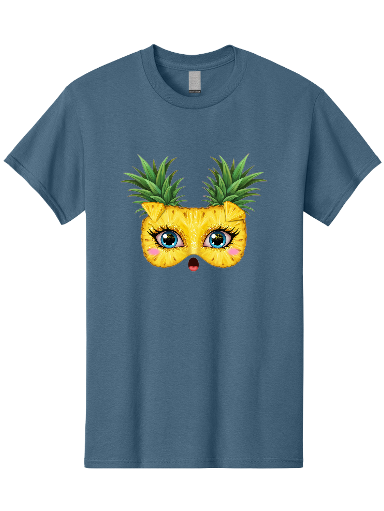 Pineapple-Mask Men'S Graphic Tee, 100% Cotton, Comfortable Casual Summer Wear, Machine Washable, Cartoon Pineapple With Face, Pineapple Character, Funny Fruit, Tropical Vibe, Blue Eyes, Eyelashes, Pink Cheeks, Surprised Expression, Summer Fun, Bad420