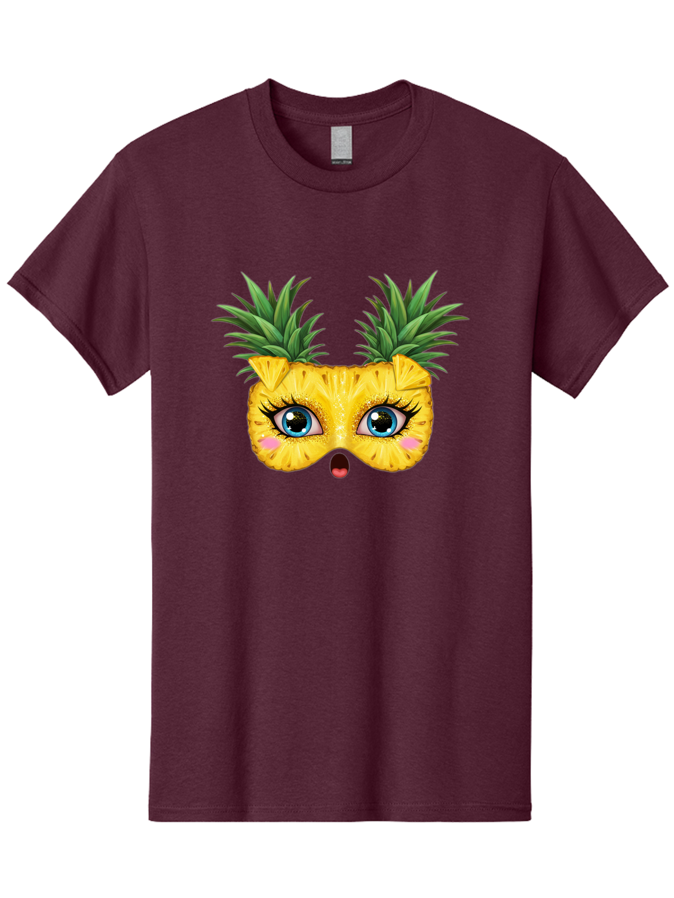 Pineapple-Mask Men'S Graphic Tee, 100% Cotton, Comfortable Casual Summer Wear, Machine Washable, Cartoon Pineapple With Face, Pineapple Character, Funny Fruit, Tropical Vibe, Blue Eyes, Eyelashes, Pink Cheeks, Surprised Expression, Summer Fun, Bad420