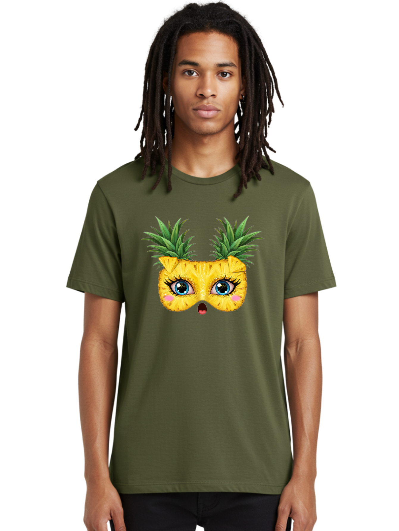 Pineapple-Mask Men'S Graphic Tee, 100% Cotton, Comfortable Casual Summer Wear, Machine Washable, Cartoon Pineapple With Face, Pineapple Character, Funny Fruit, Tropical Vibe, Blue Eyes, Eyelashes, Pink Cheeks, Surprised Expression, Summer Fun, Bad420