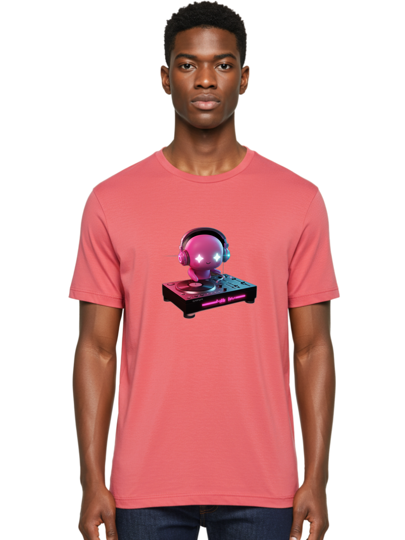 Pink-Alien-Dj Men'S Graphic Tee, 100% Cotton, Comfortable Casual Summer Wear, Machine Washable, Character Djing, Pink Headphones, Sparkling Eyes, Vinyl Record, Music Production, Electronic Dance Music, Dj Controller, Vibrant Scene, Bad421