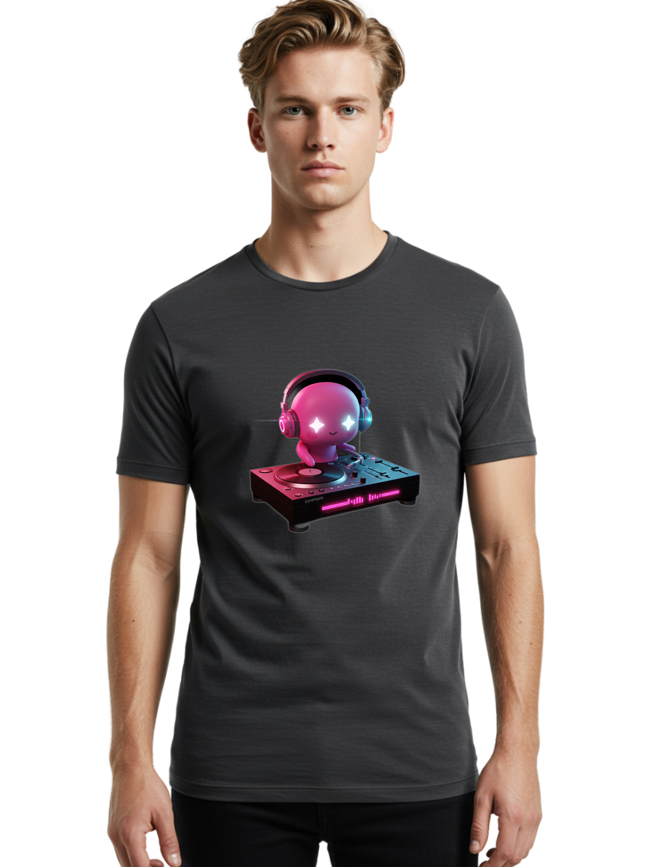 Pink-Alien-Dj Men'S Graphic Tee, 100% Cotton, Comfortable Casual Summer Wear, Machine Washable, Character Djing, Pink Headphones, Sparkling Eyes, Vinyl Record, Music Production, Electronic Dance Music, Dj Controller, Vibrant Scene, Bad421