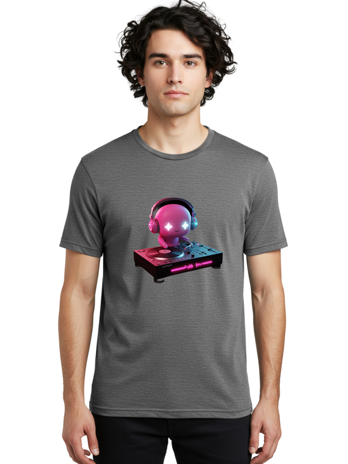 Pink-Alien-Dj Men'S Graphic Tee, 100% Cotton, Comfortable Casual Summer Wear, Machine Washable, Character Djing, Pink Headphones, Sparkling Eyes, Vinyl Record, Music Production, Electronic Dance Music, Dj Controller, Vibrant Scene, Bad421