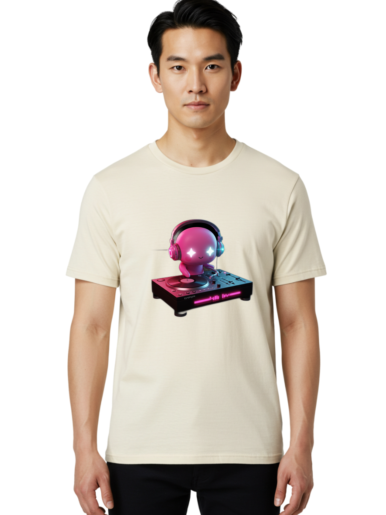 Pink-Alien-Dj Men'S Graphic Tee, 100% Cotton, Comfortable Casual Summer Wear, Machine Washable, Character Djing, Pink Headphones, Sparkling Eyes, Vinyl Record, Music Production, Electronic Dance Music, Dj Controller, Vibrant Scene, Bad421