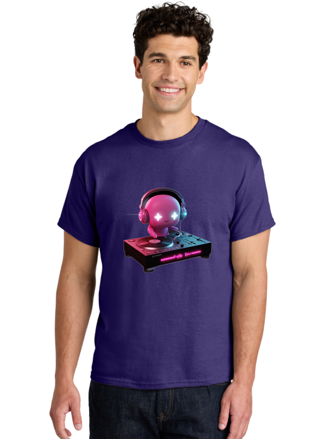 Pink-Alien-Dj Men'S Graphic Tee, 100% Cotton, Comfortable Casual Summer Wear, Machine Washable, Character Djing, Pink Headphones, Sparkling Eyes, Vinyl Record, Music Production, Electronic Dance Music, Dj Controller, Vibrant Scene, Bad421