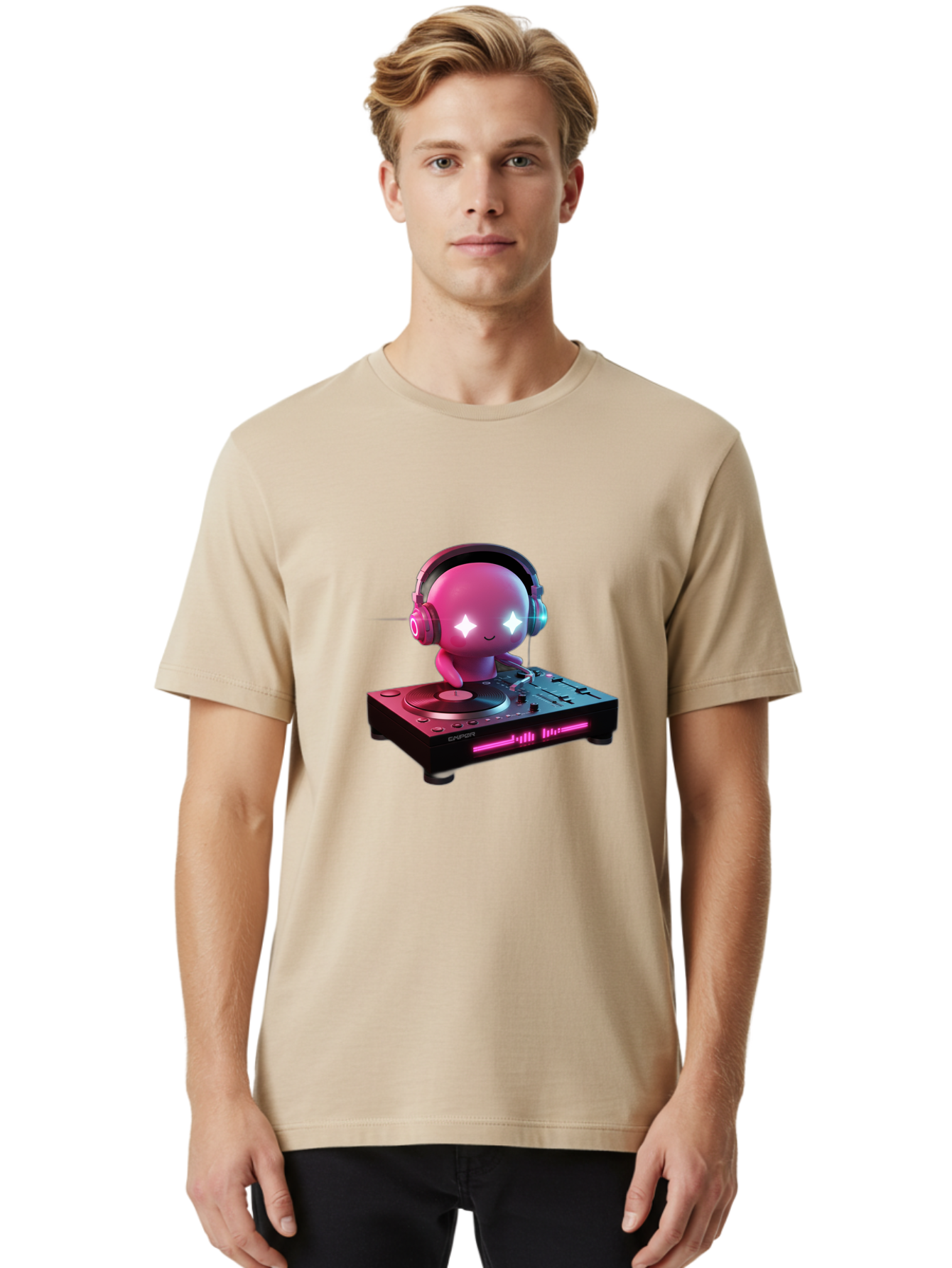 Pink-Alien-Dj Men'S Graphic Tee, 100% Cotton, Comfortable Casual Summer Wear, Machine Washable, Character Djing, Pink Headphones, Sparkling Eyes, Vinyl Record, Music Production, Electronic Dance Music, Dj Controller, Vibrant Scene, Bad421
