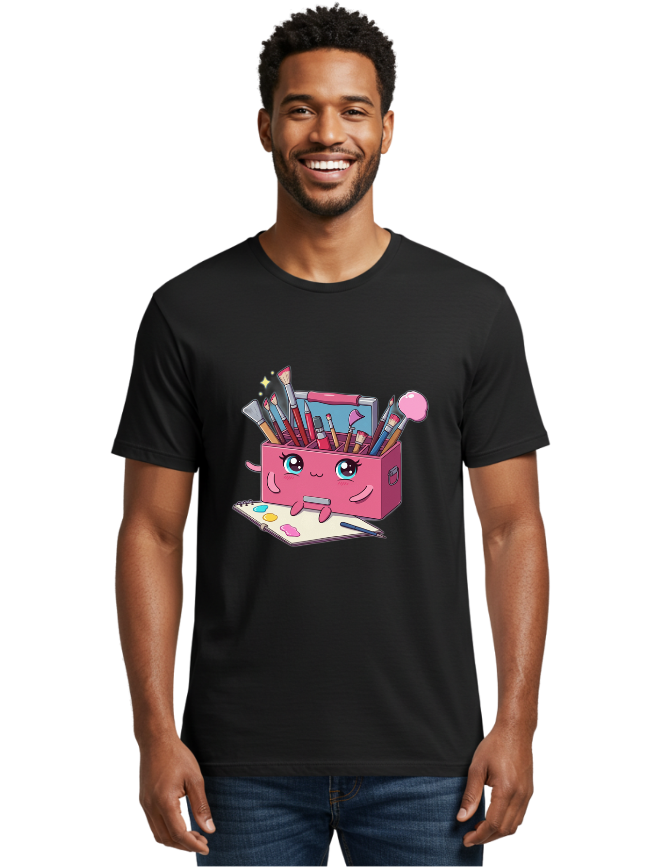 Pink-Art-Supply-Box Men'S Graphic Tee, 100% Cotton, Comfortable Casual Summer Wear, Machine Washable, Cartoon Toolbox, Art Supplies, Paintbrushes, Pencils, Colorful Palette, Creative Expression, Artistic Tools, Kawaii Character, Bad422