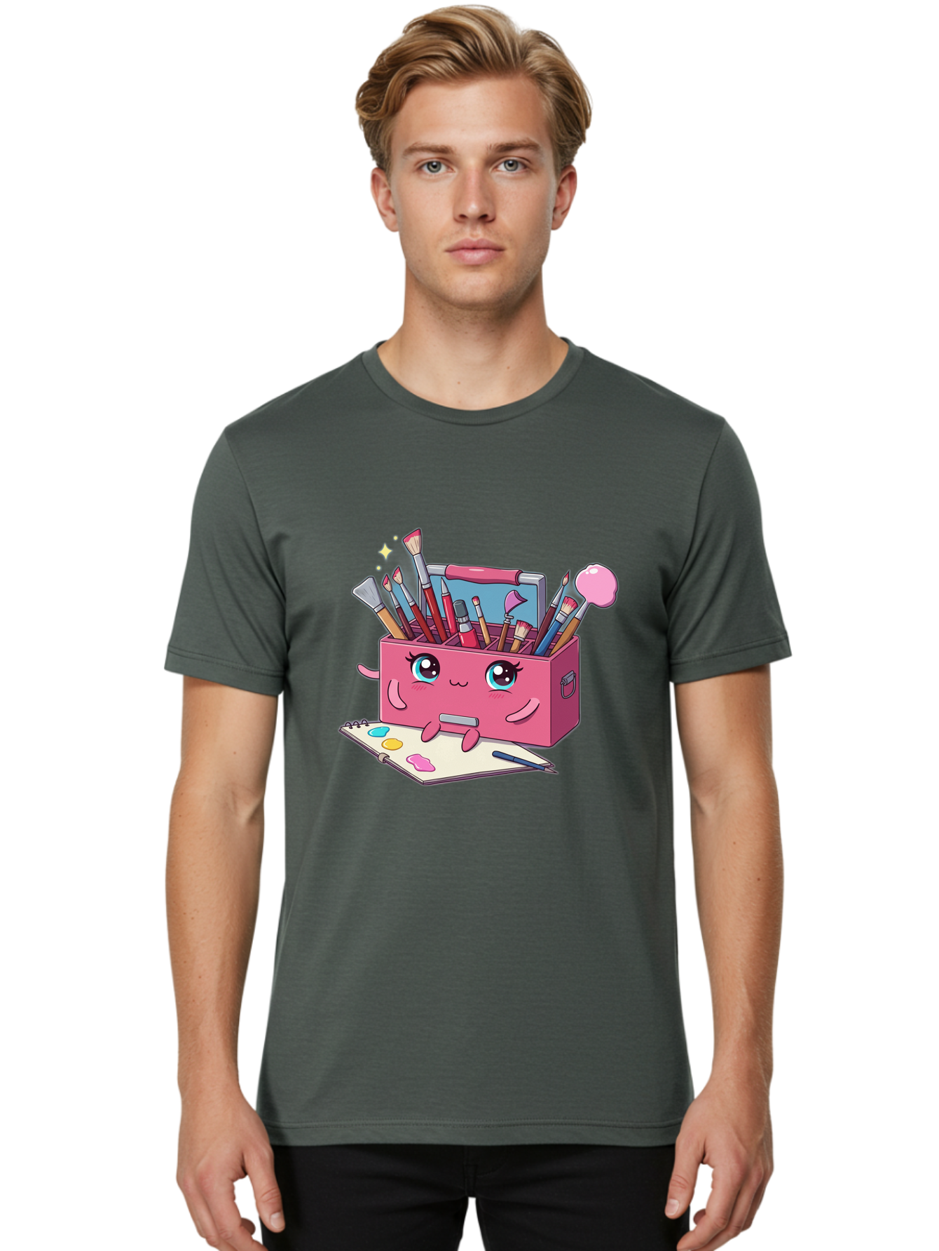 Pink-Art-Supply-Box Men'S Graphic Tee, 100% Cotton, Comfortable Casual Summer Wear, Machine Washable, Cartoon Toolbox, Art Supplies, Paintbrushes, Pencils, Colorful Palette, Creative Expression, Artistic Tools, Kawaii Character, Bad422