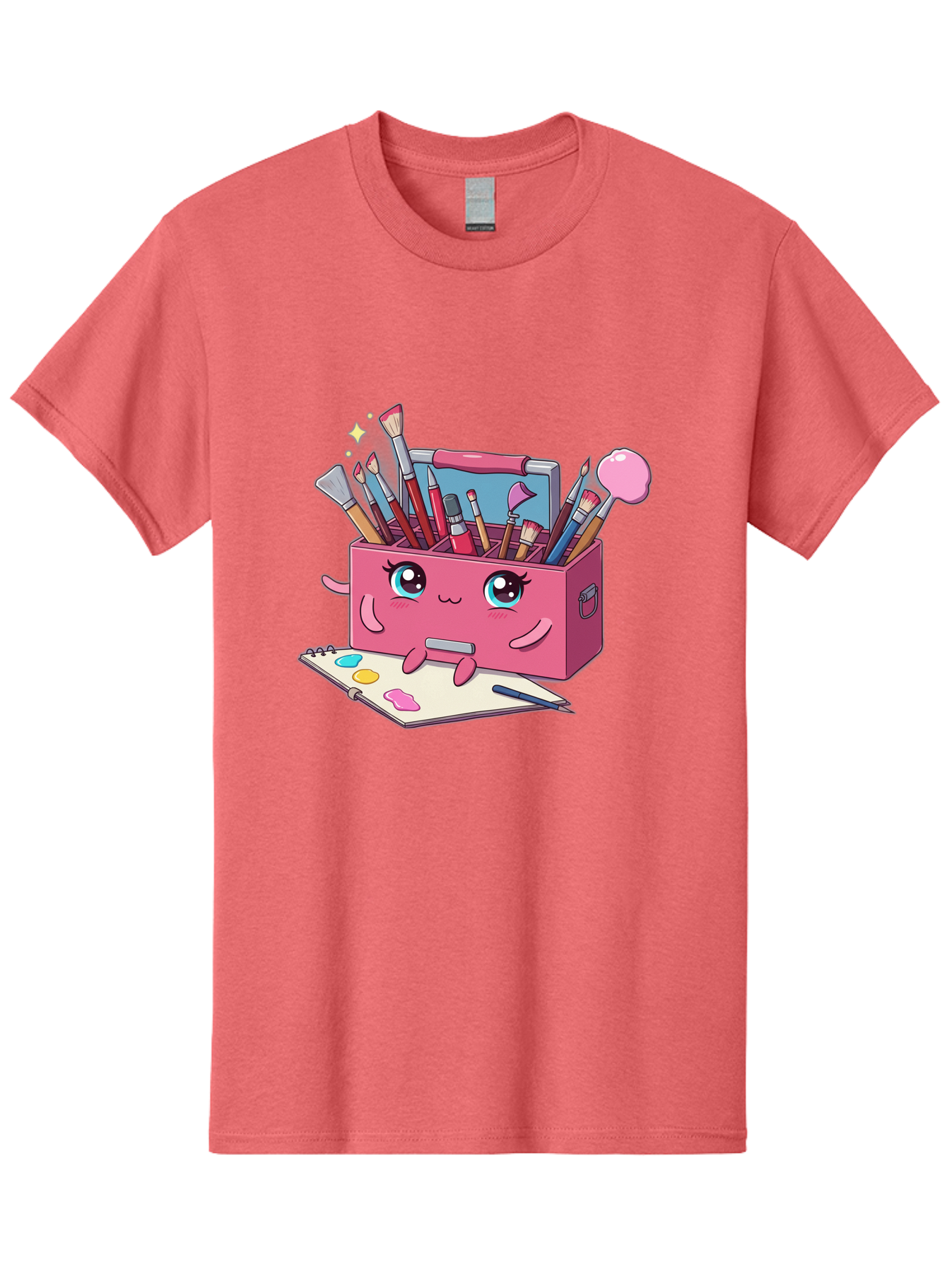 Pink-Art-Supply-Box Men'S Graphic Tee, 100% Cotton, Comfortable Casual Summer Wear, Machine Washable, Cartoon Toolbox, Art Supplies, Paintbrushes, Pencils, Colorful Palette, Creative Expression, Artistic Tools, Kawaii Character, Bad422
