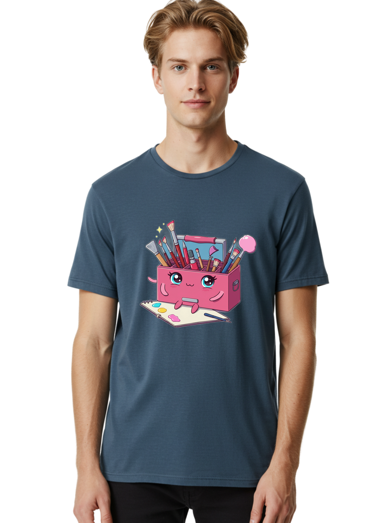 Pink-Art-Supply-Box Men'S Graphic Tee, 100% Cotton, Comfortable Casual Summer Wear, Machine Washable, Cartoon Toolbox, Art Supplies, Paintbrushes, Pencils, Colorful Palette, Creative Expression, Artistic Tools, Kawaii Character, Bad422