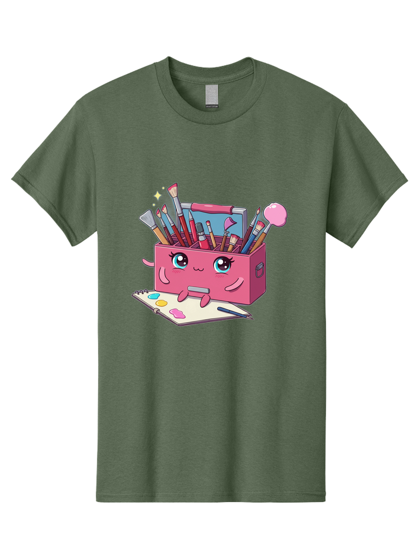 Pink-Art-Supply-Box Men'S Graphic Tee, 100% Cotton, Comfortable Casual Summer Wear, Machine Washable, Cartoon Toolbox, Art Supplies, Paintbrushes, Pencils, Colorful Palette, Creative Expression, Artistic Tools, Kawaii Character, Bad422