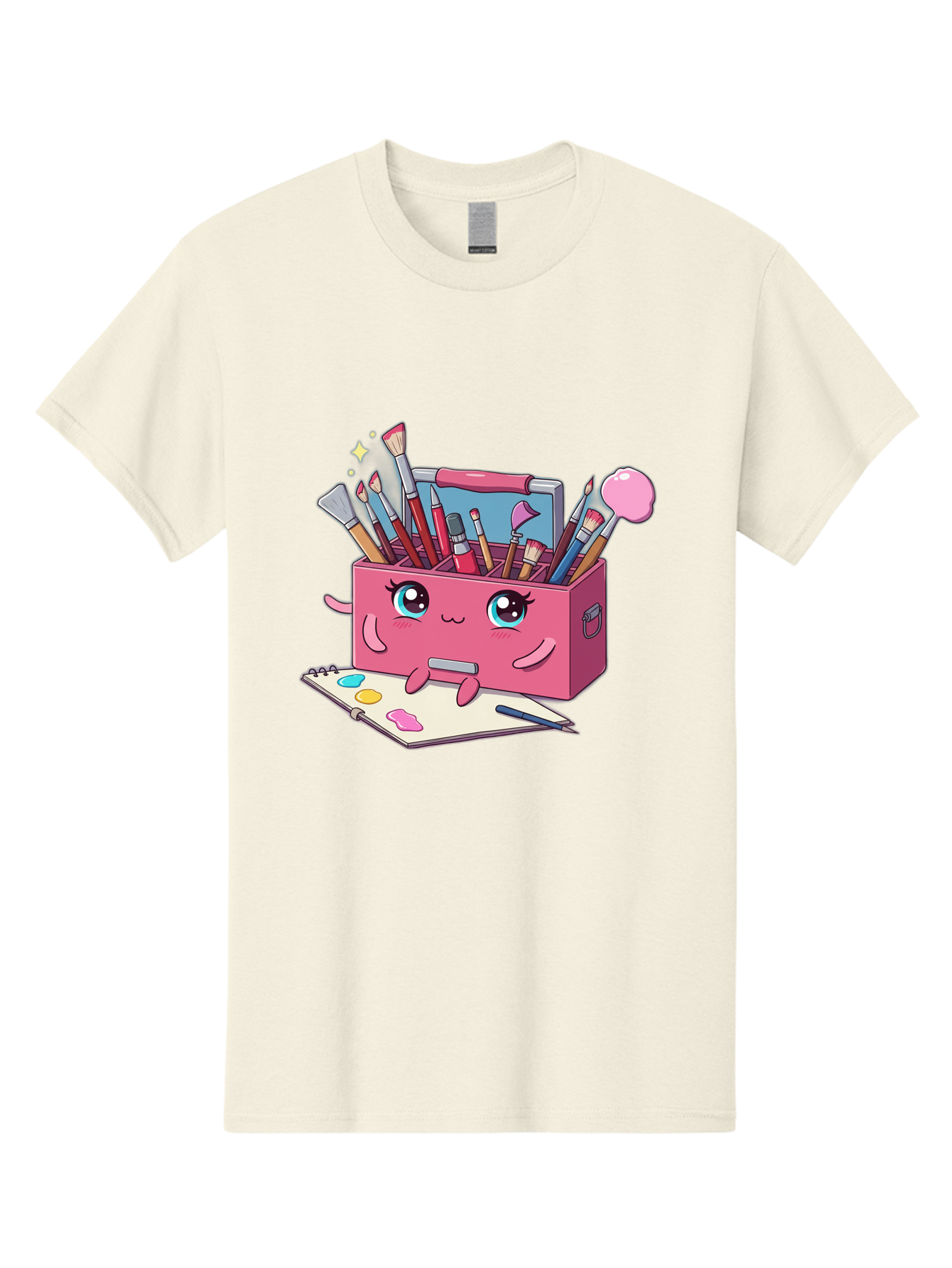 Pink-Art-Supply-Box Men'S Graphic Tee, 100% Cotton, Comfortable Casual Summer Wear, Machine Washable, Cartoon Toolbox, Art Supplies, Paintbrushes, Pencils, Colorful Palette, Creative Expression, Artistic Tools, Kawaii Character, Bad422